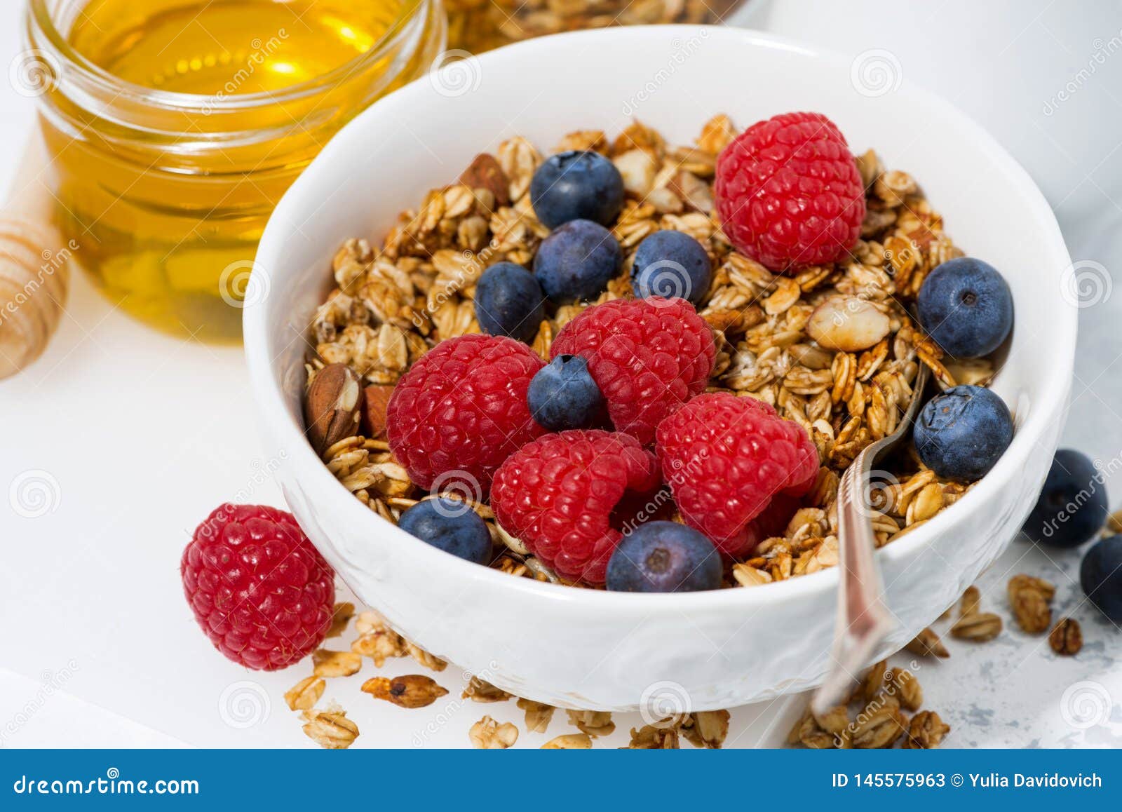Fresh Cottage Cheese with Granola and Honey, Top View Stock Image