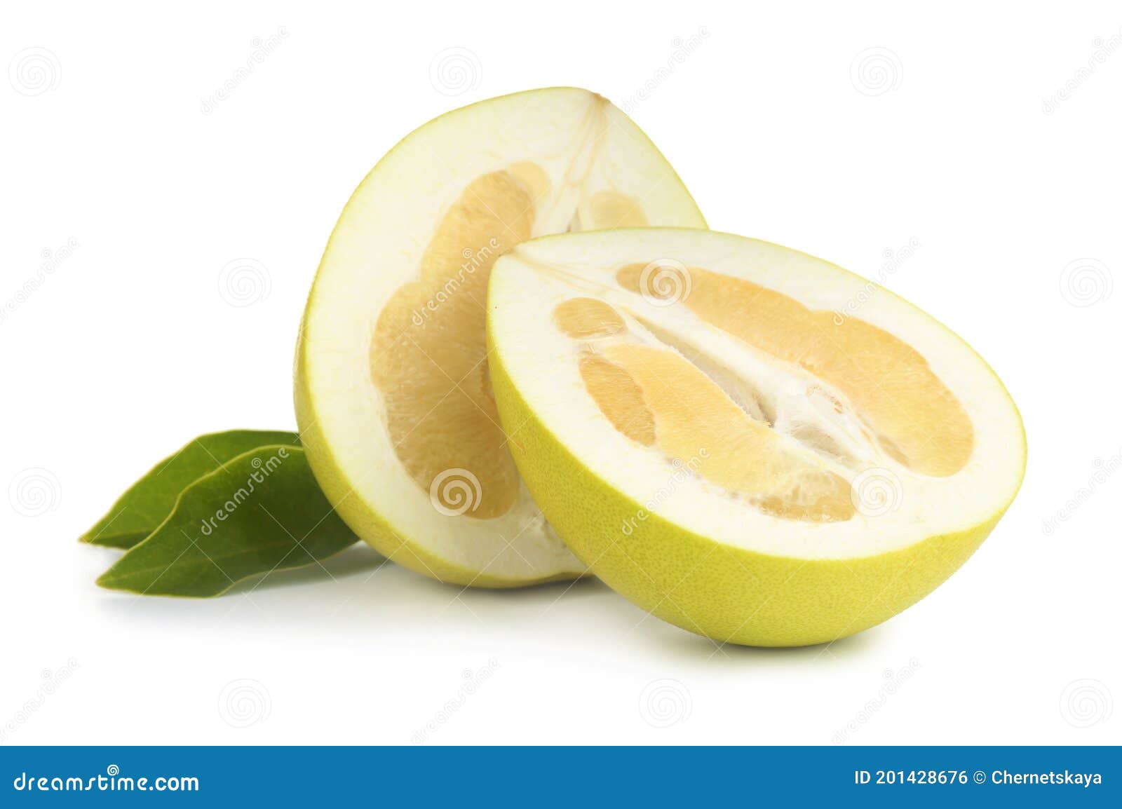 Fresh Cut Pomelo Fruit and Leaves Isolated on White Stock Photo Image