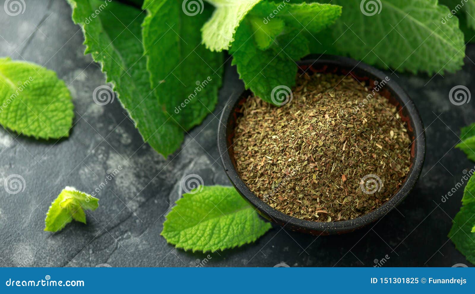 Fresh and Dried Mint in Bowl. on Black Rustic Table Stock Image Image