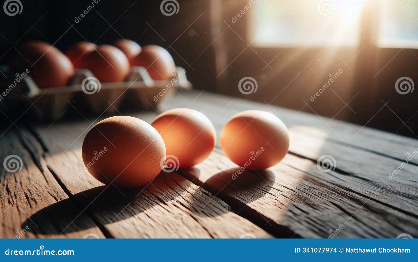 fresh eggs arranged on rustic wooden table