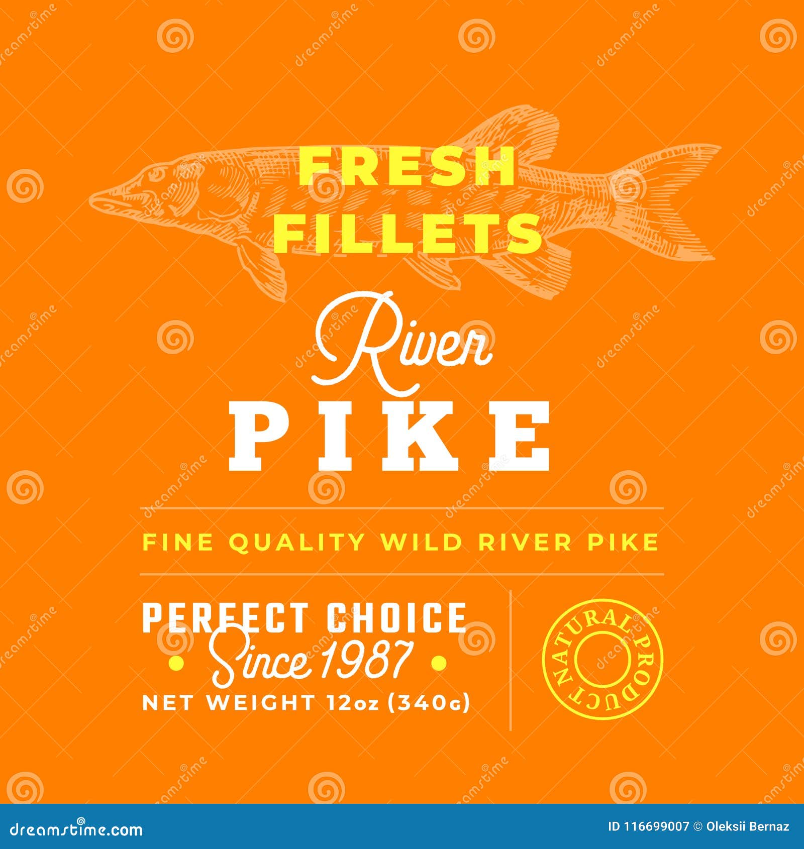 Fresh Fillets Premium Quality Label . Abstract Vector Fish Packaging