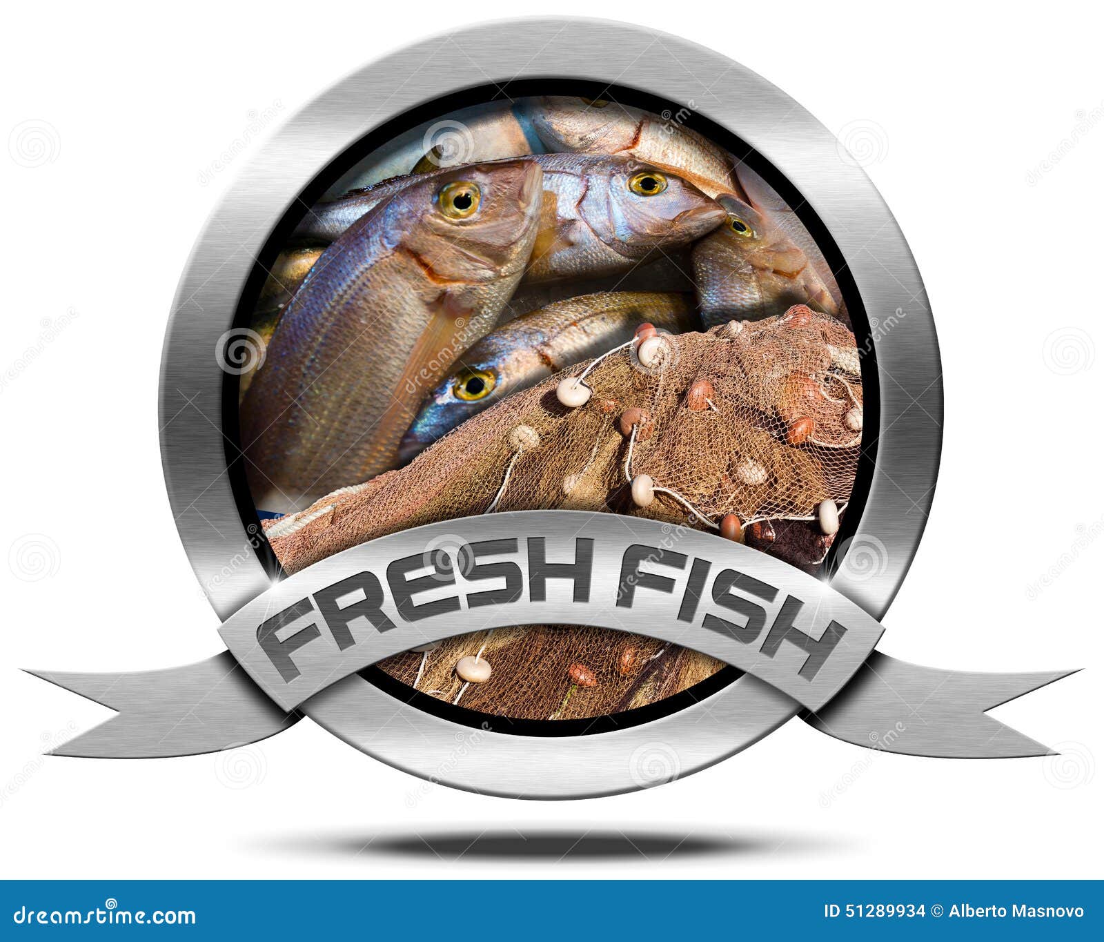 Fresh Fish - Metal Icon. Round metallic icon with metallic ribbon, fresh fishes at market and fishing net. on a white background