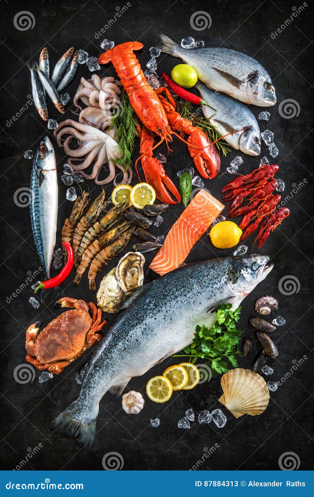 Fresh fish and seafood stock image. Image of clams, crustacean 87884313