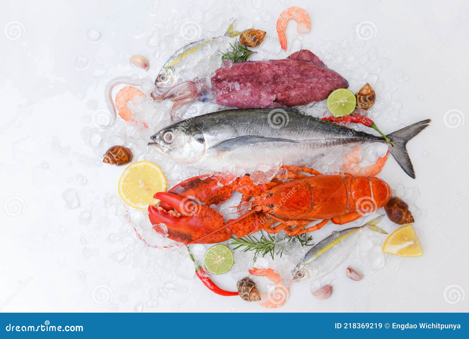 Fresh Fish And Seafood Plate With Shellfish Shrimps Prawns Crab Shell
