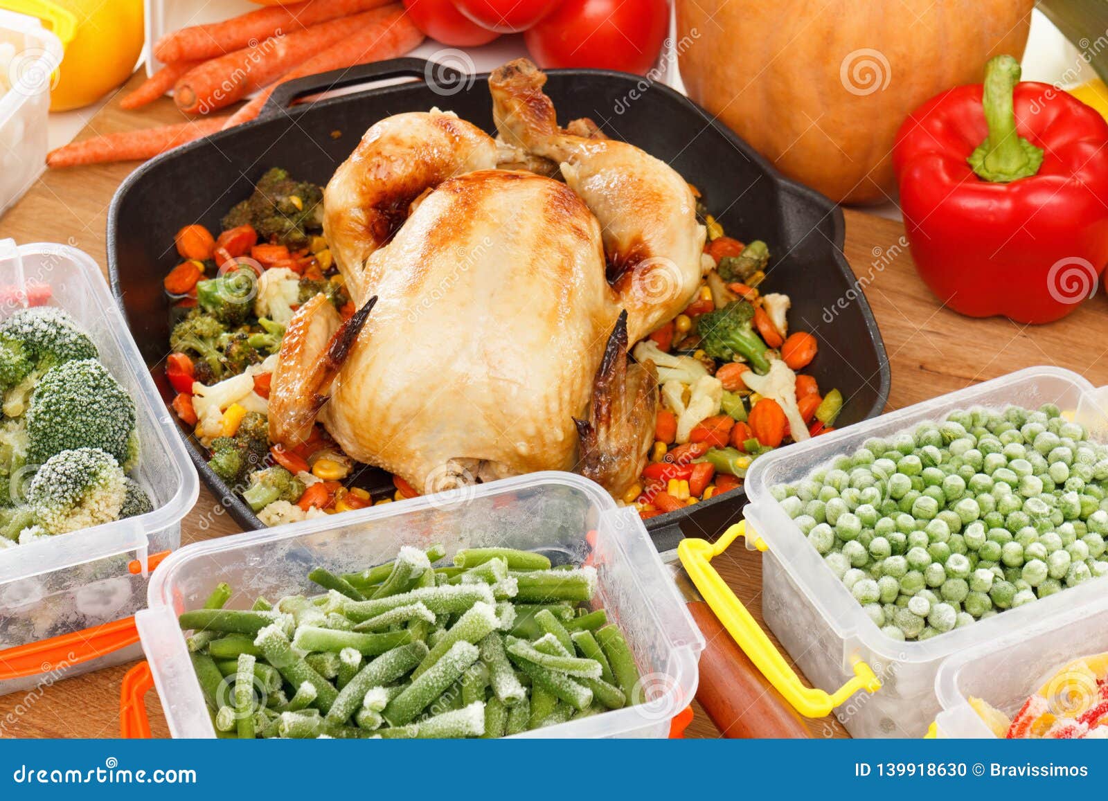 Fresh Frozen Vegetables and Fried Chicken Food Stock Photo - Image of