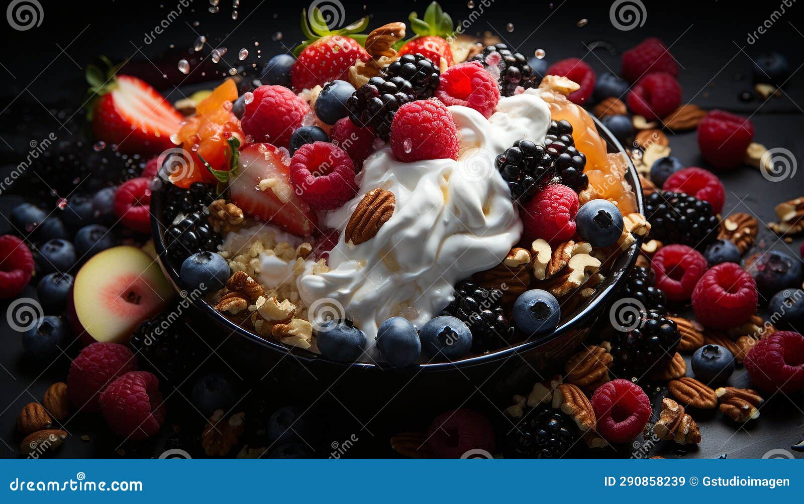 Fresh Fruit Bowl with Yogurt, Granola, and Chocolate Cream Generated by