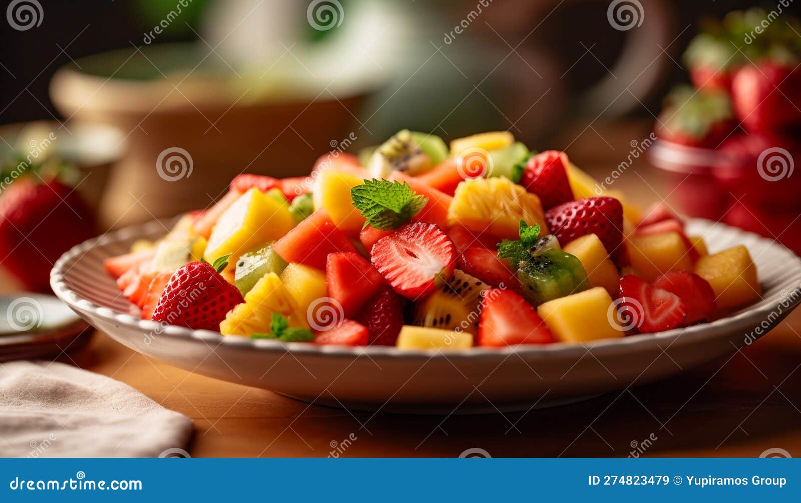 Fresh Fruit Salad with Berries and Melon Generated by AI Stock