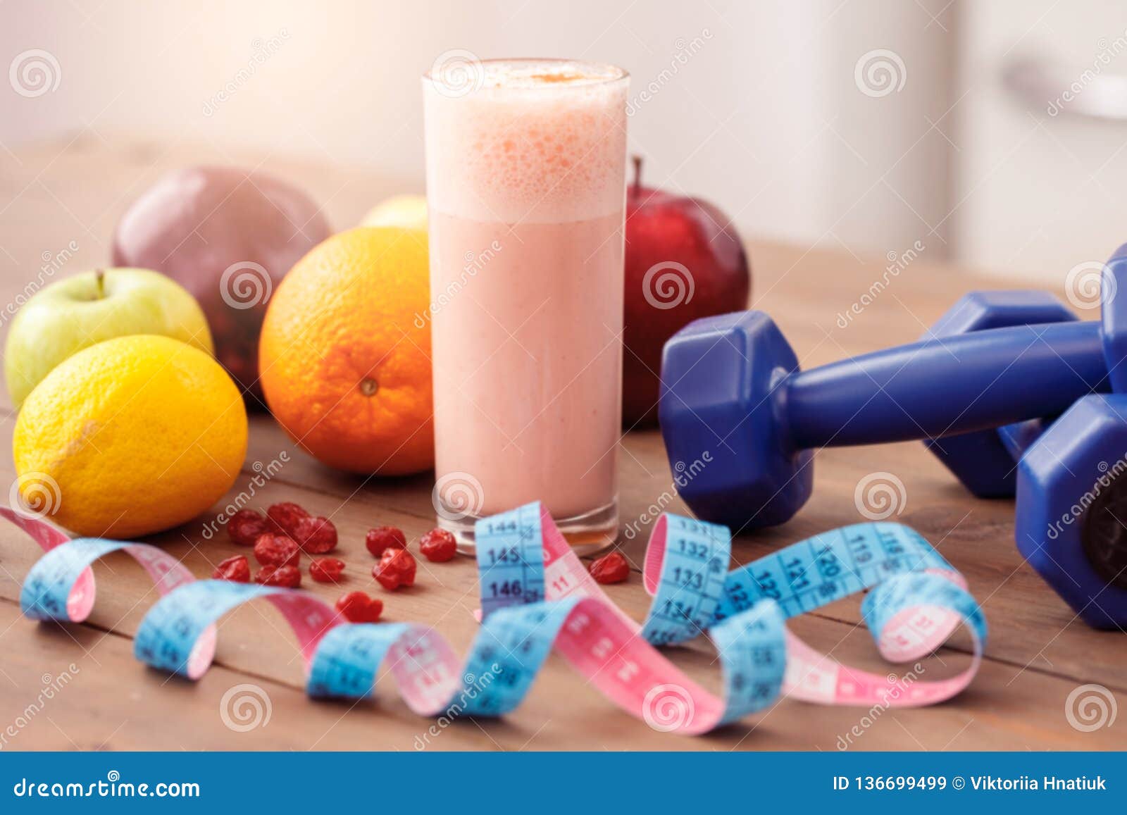 Fruit Smoothie Dumbbells and Tape Measure Isolated on Table Healthy ...