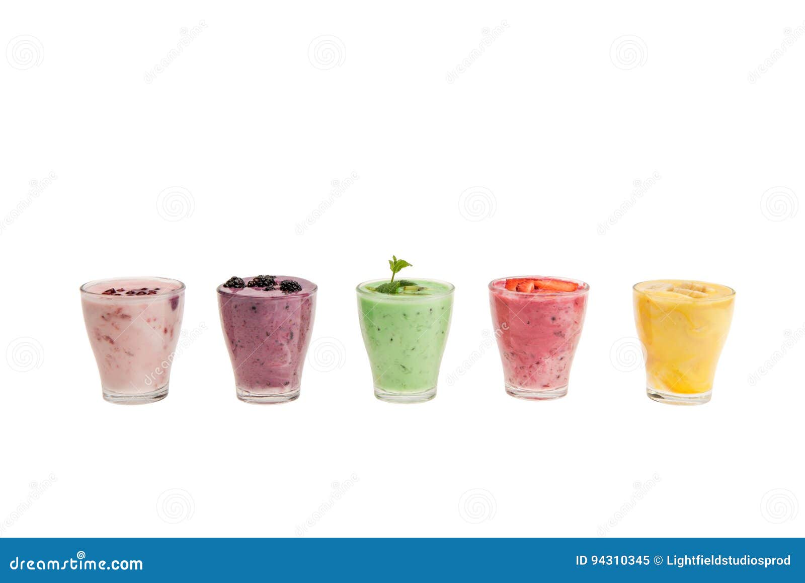 Fresh Fruit Smoothies in Glass Cups Isolated on White Stock Image