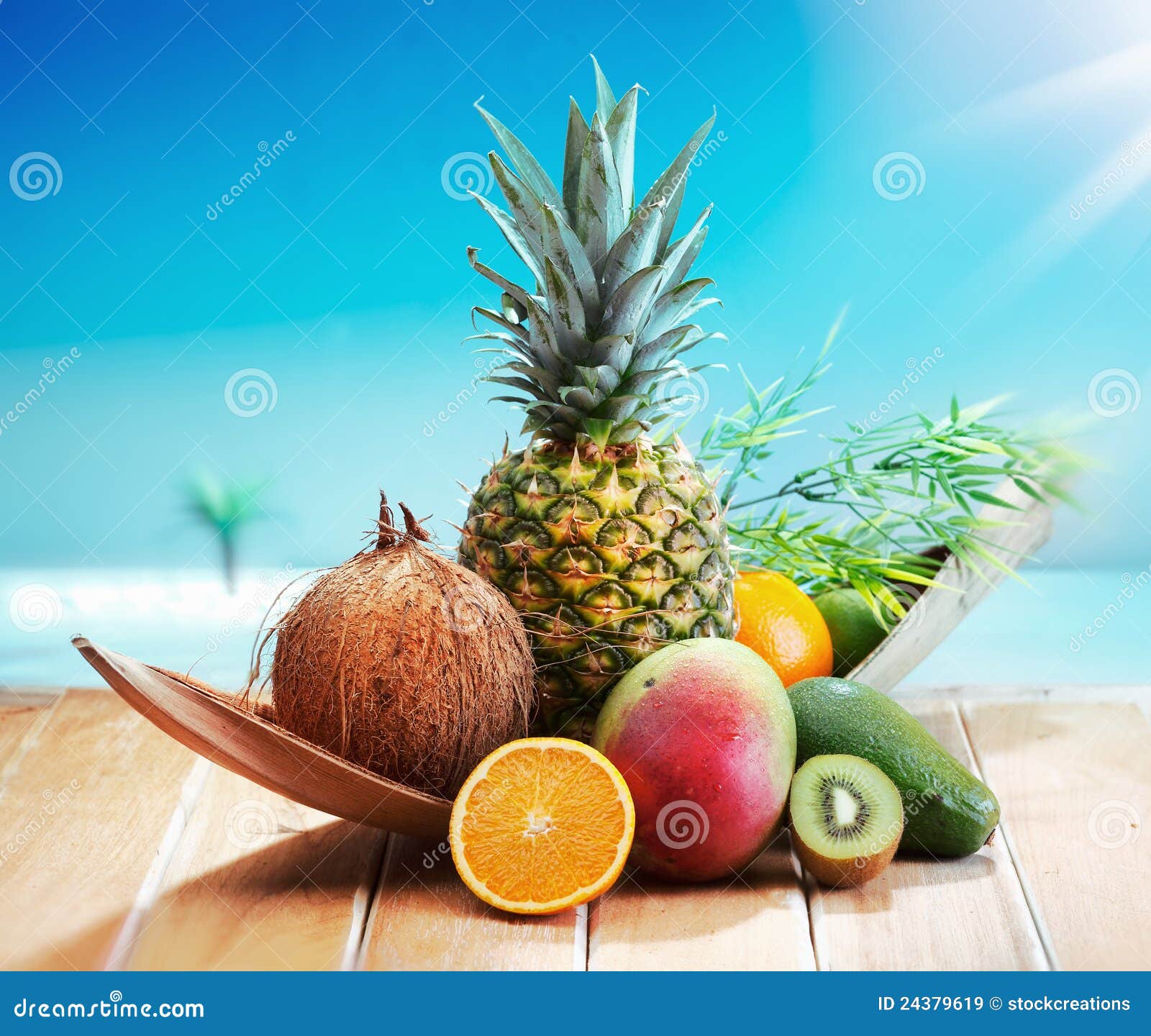 Fresh Fruits on the beach stock image. Image of avocado 24379619