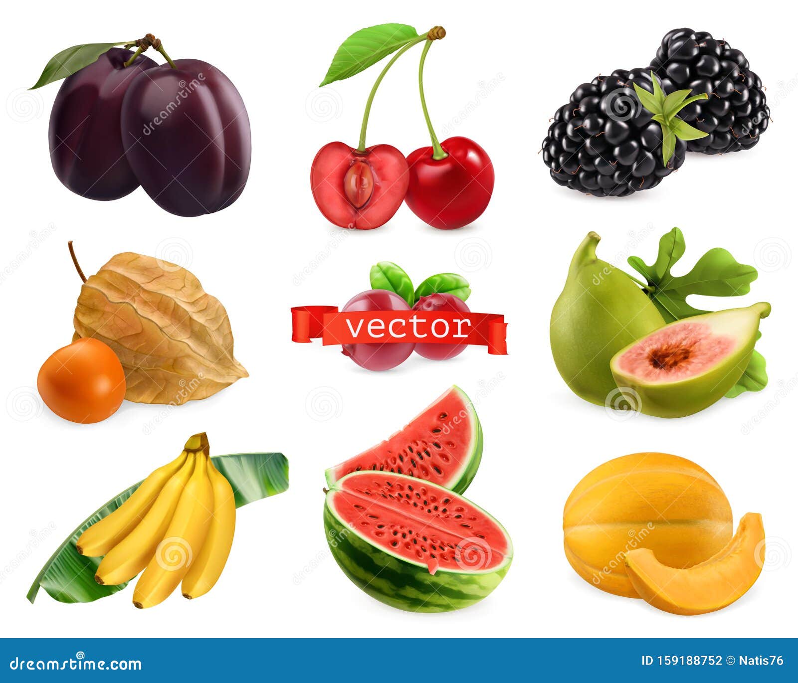fresh fruits and berries. plum, cherry, blackberry, physalis, figs, banana, watermelon, melon. 3d realistic  set