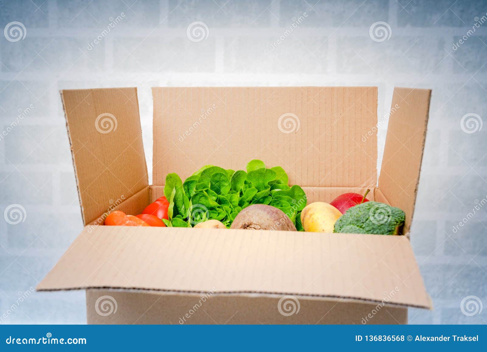 Fresh Fruits and Vegetables . Vegetables Box, Delivery Box Stock Photo