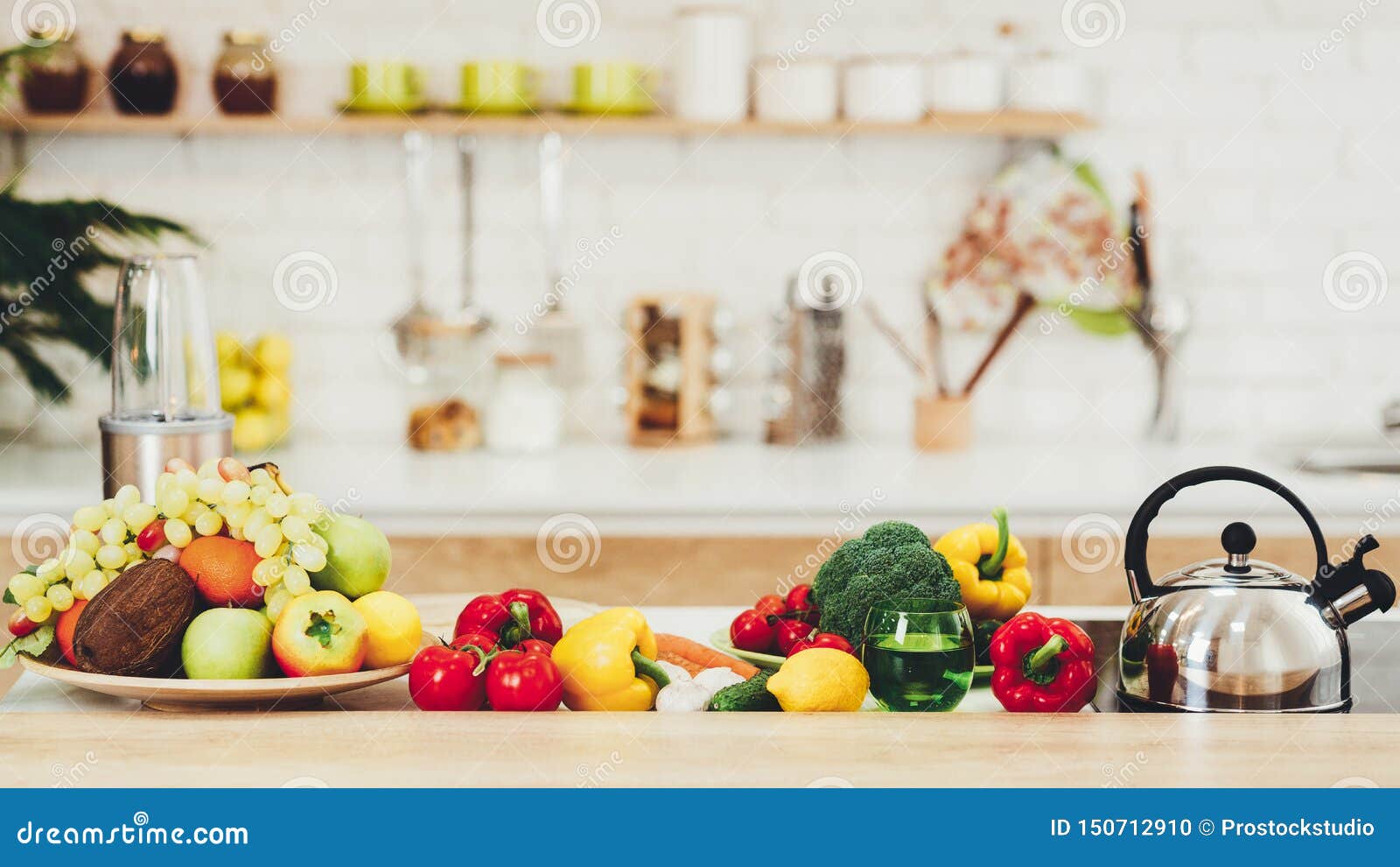 Fresh Fruits and Vegetables on Kitchen Table Stock Photo Image of