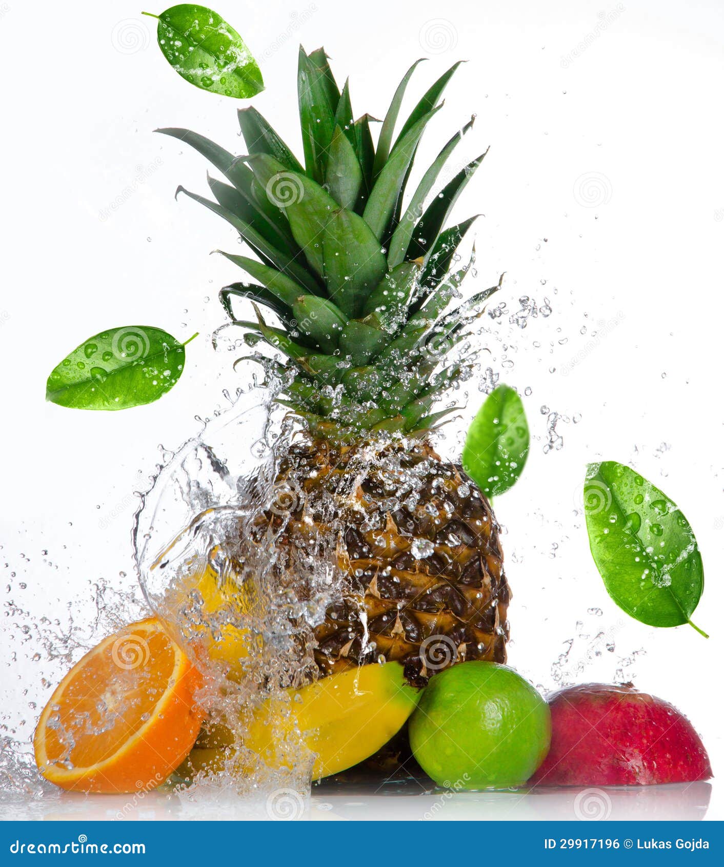 Fresh Fruits with Water Splash Stock Photo Image of isolated, green 29917196
