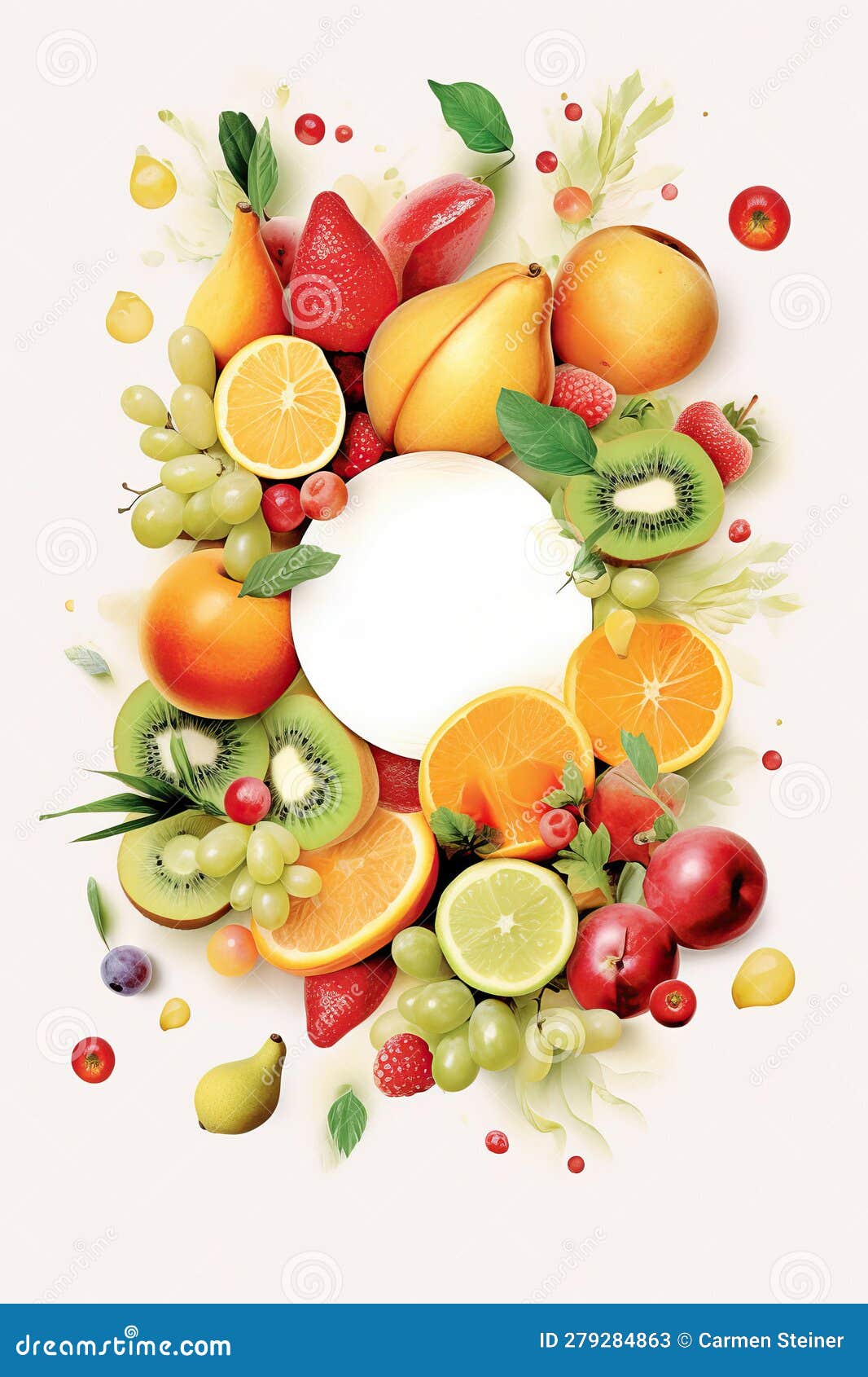 fresh fruit grouped around text free space on paper background as a map. generative ai