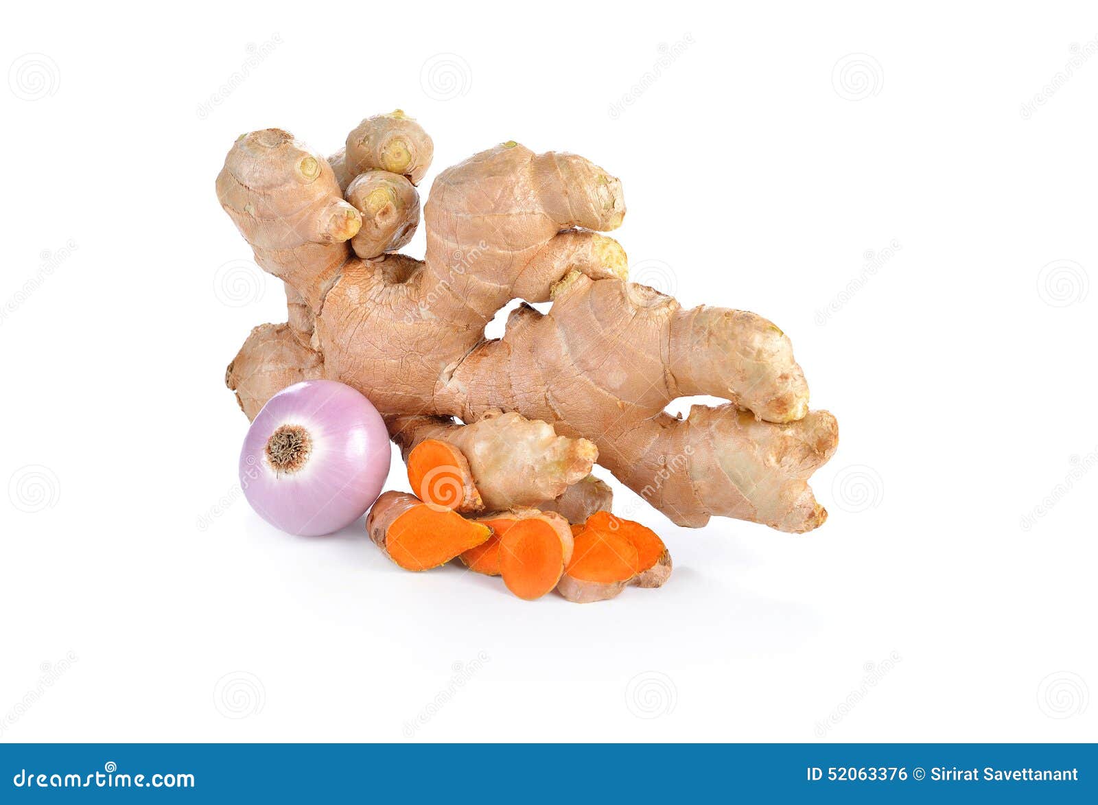 Fresh Ginger ,onion and Tumeric on a White Background Stock Photo