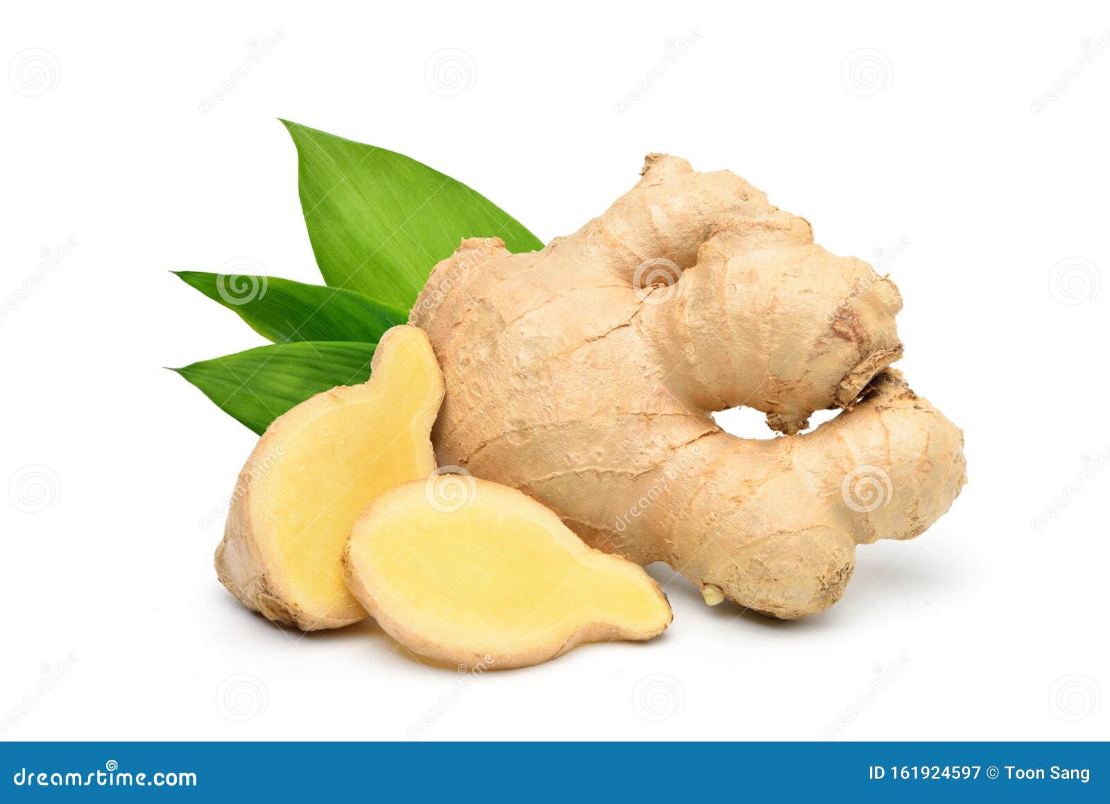 fresh ginger rhizome with sliced and green leaves