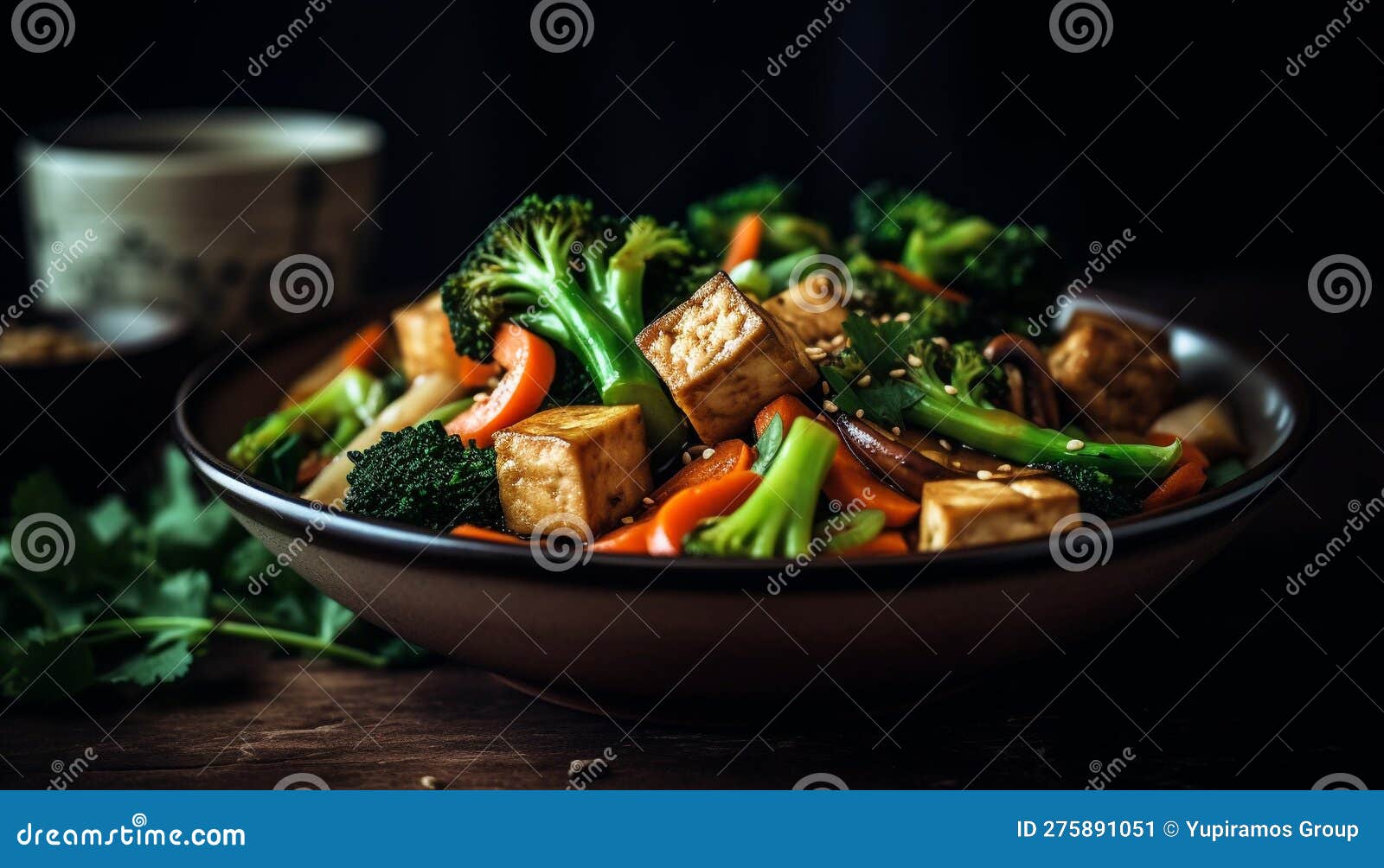 Fresh Gourmet Vegetarian Meal on Rustic Wood Plate Generated by AI