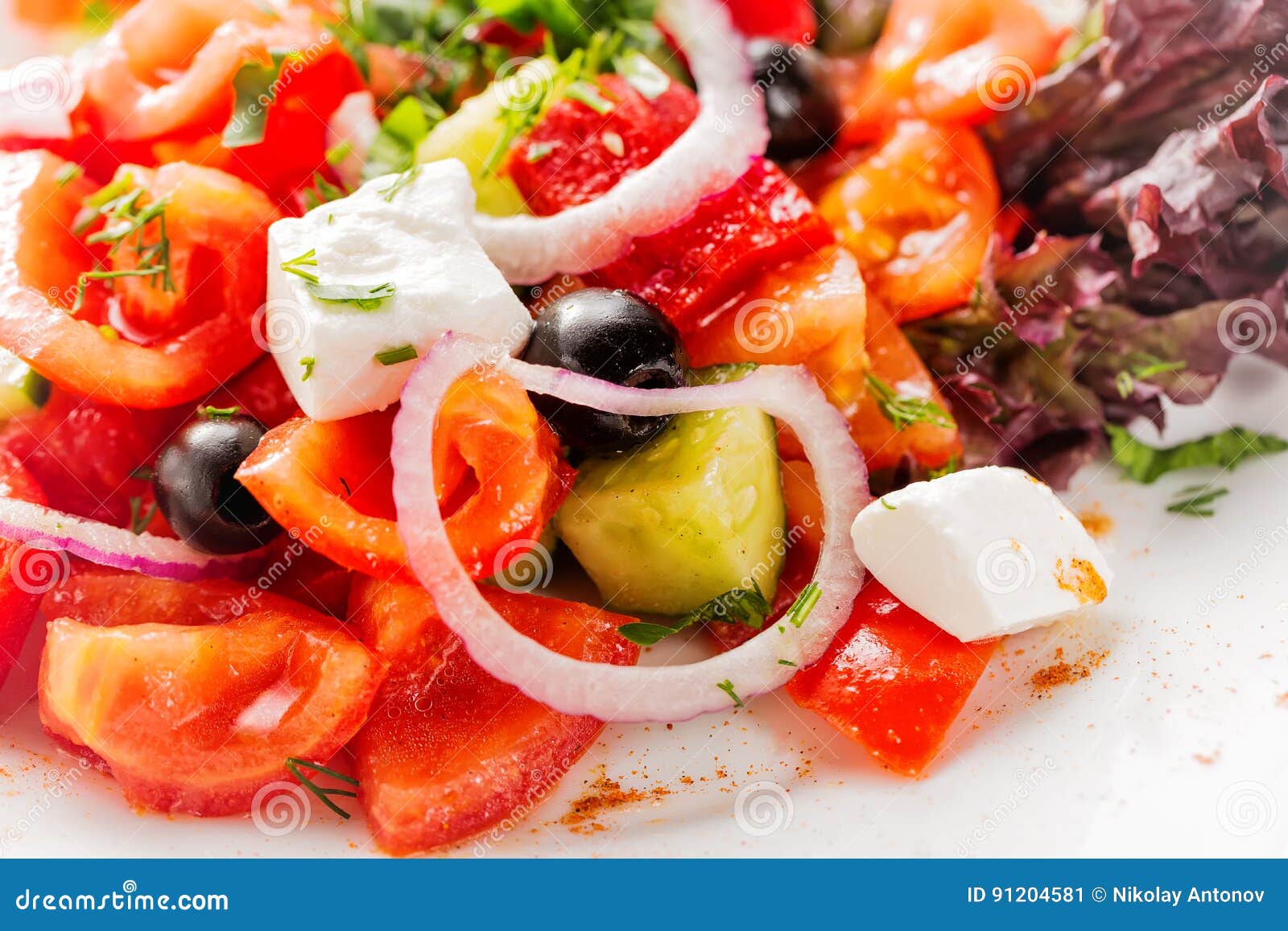 Fresh Greek Salad with Onion. Close Up with Selective Focus Stock Image