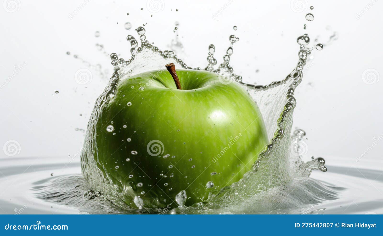 Fresh Green Apple and Splash of Water on Isolated White Background, Generative Ai Stock