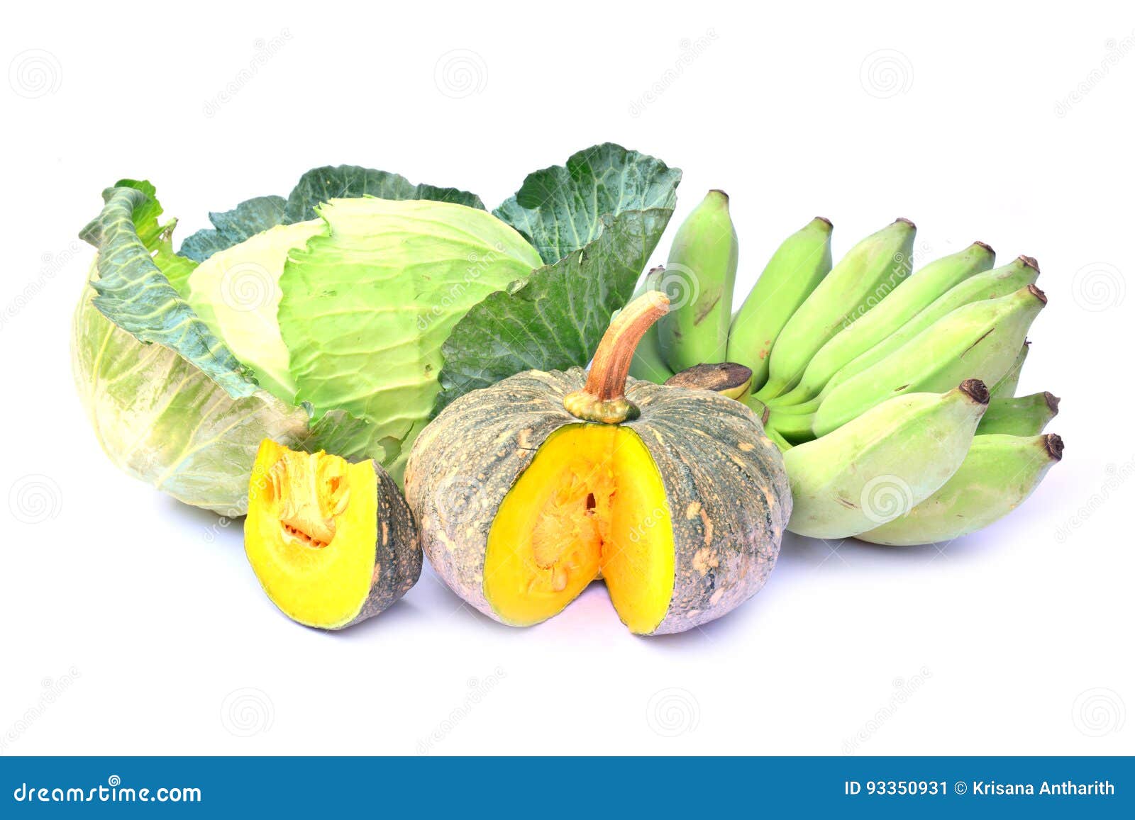 Fresh Green Banana, Cabbage and Pumpkin Isolated on White Background