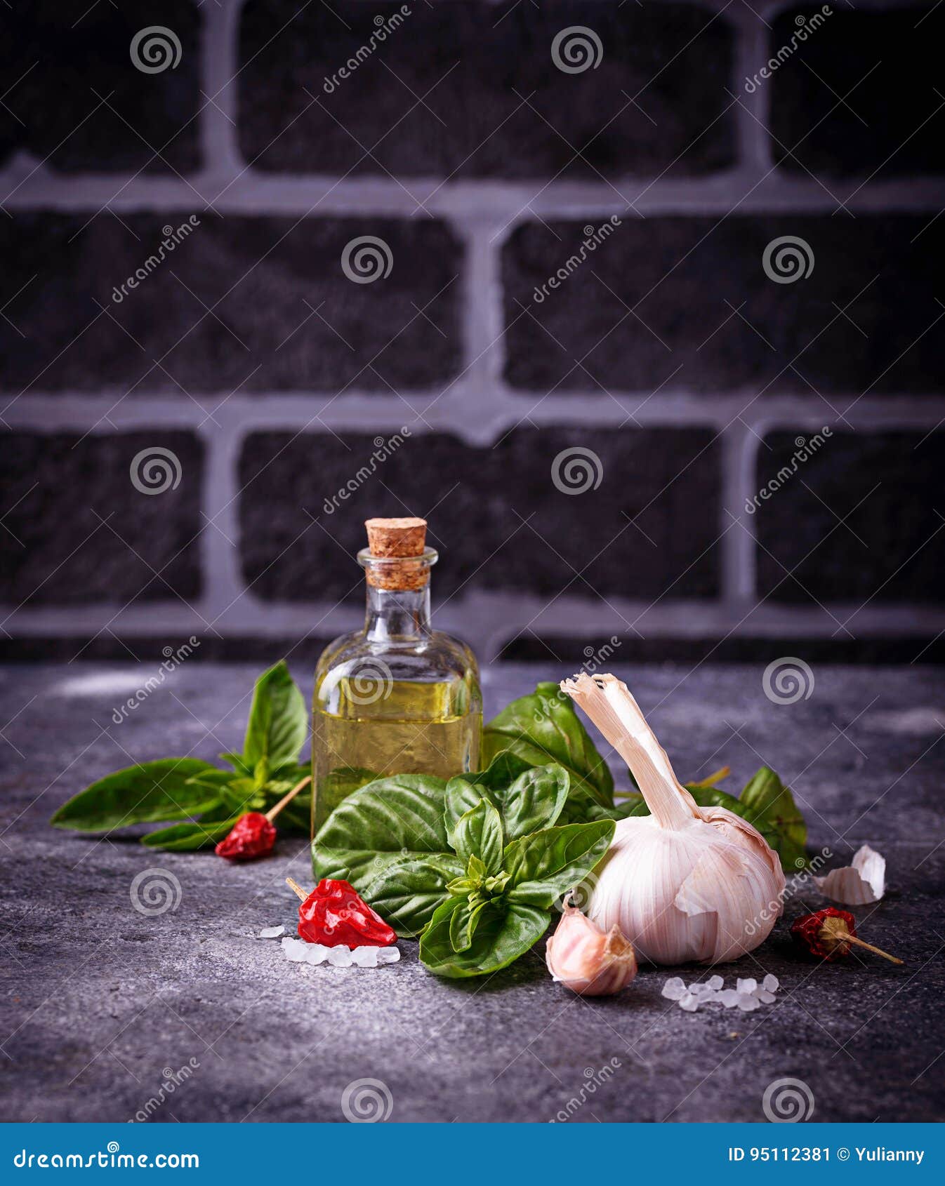 Fresh Green Basil with Garlic and Olive Oil Stock Image Image of
