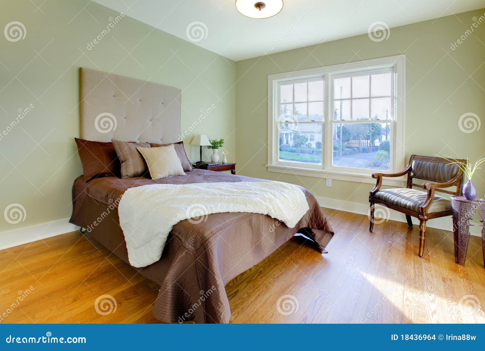 Fresh Green Bedroom with Modern Brown Bed Stock Photo Image of
