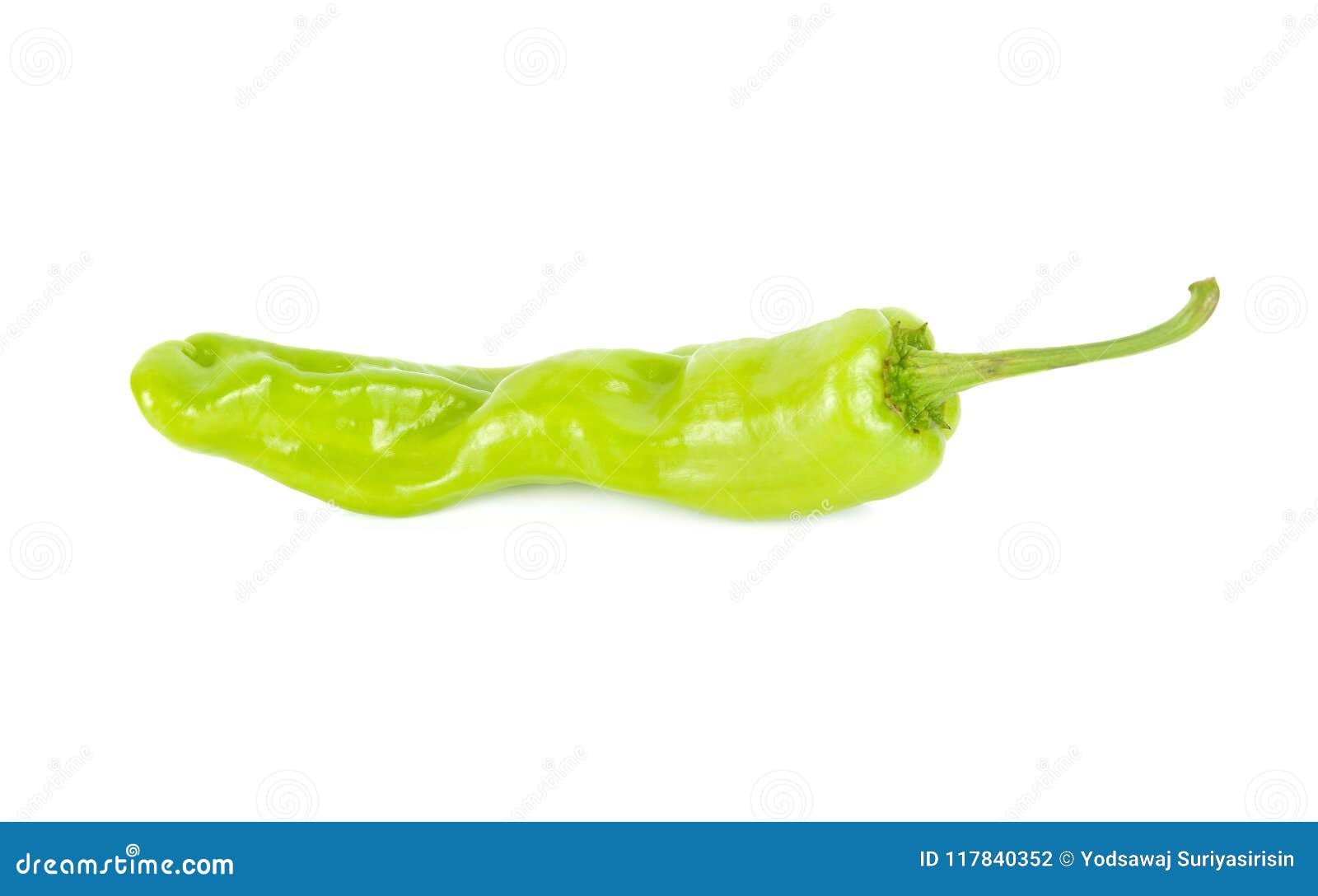 Fresh Green Chili Peppers with Stem on White Background Stock Photo