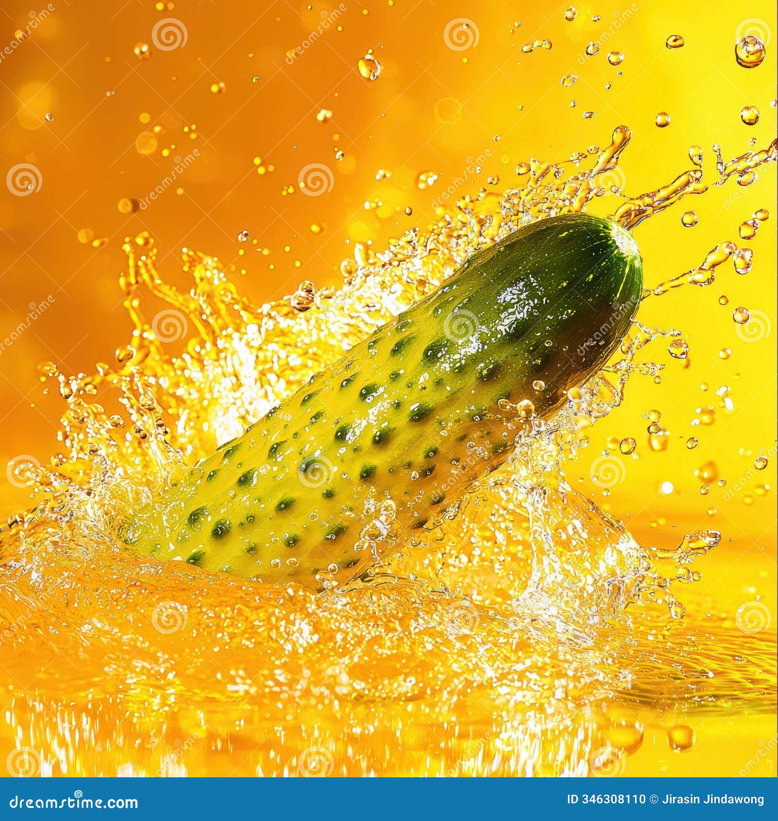fresh green cucumber splashing into water with bright yellow background creating vibrant and energetic visual delights for food