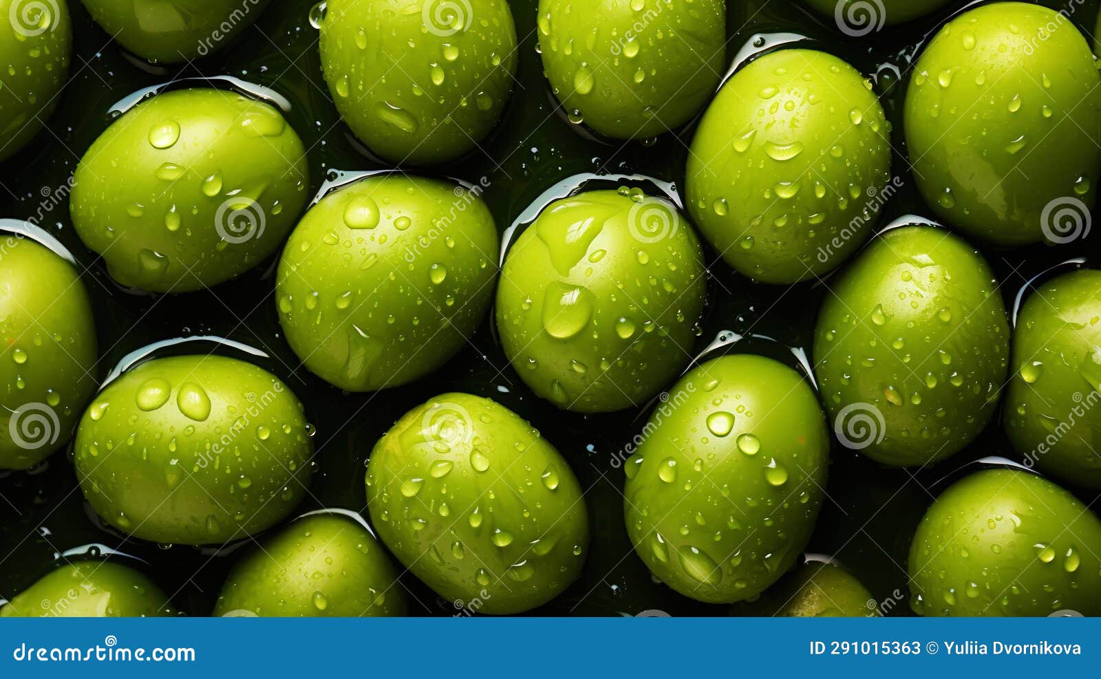 Fresh Green Olives with Water Drops Background. Vegetables Backdrop