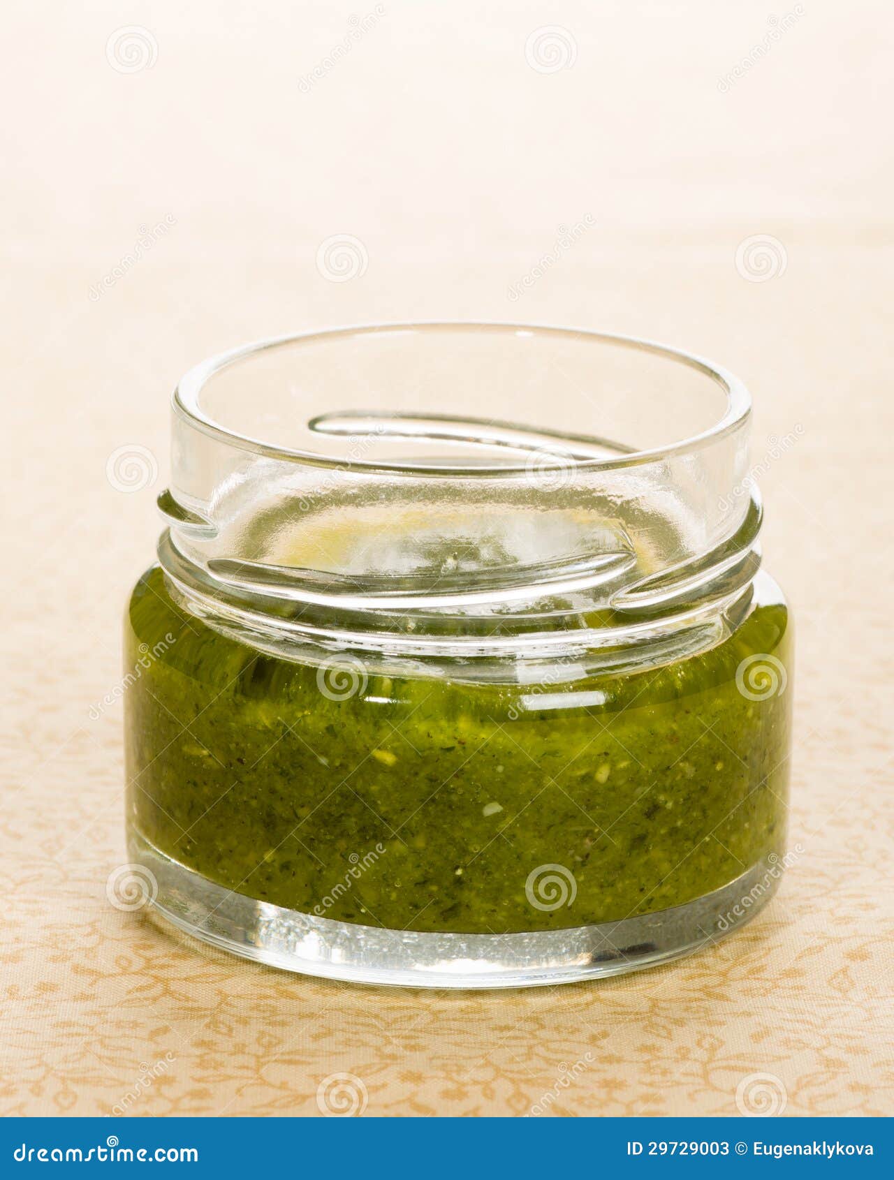 Fresh green pesto in jar stock image. Image of herb, closeup 29729003
