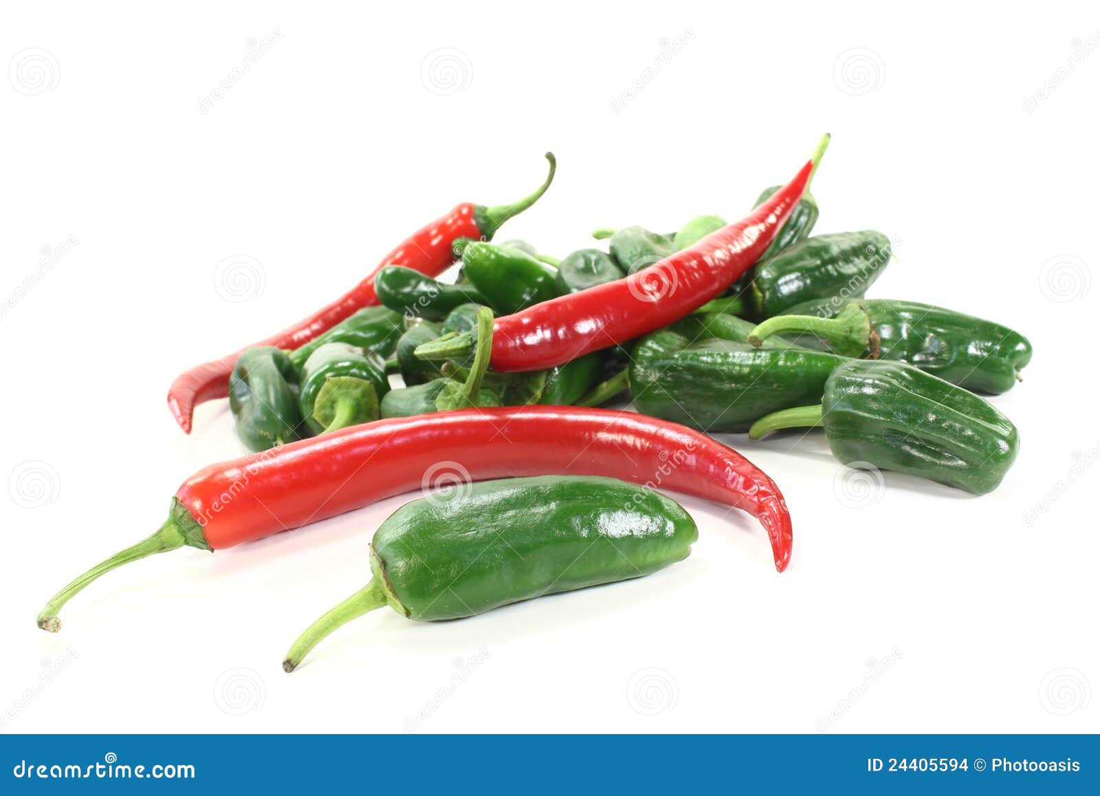 fresh green pimientos with red chilis