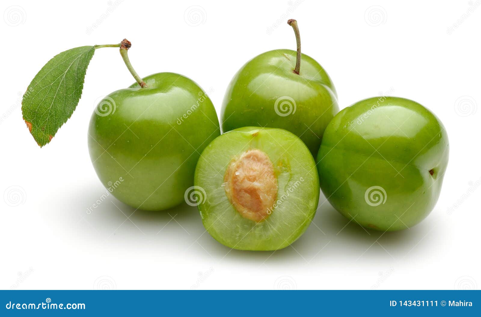 Fresh Green Plums with Leaf Isolated on White Stock Image Image of