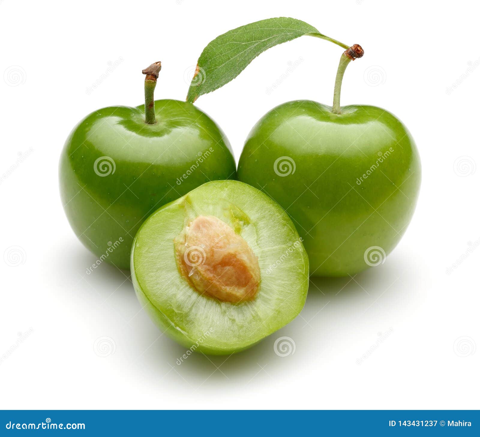 Fresh Green Plums with Leaf Isolated on White Stock Image Image of