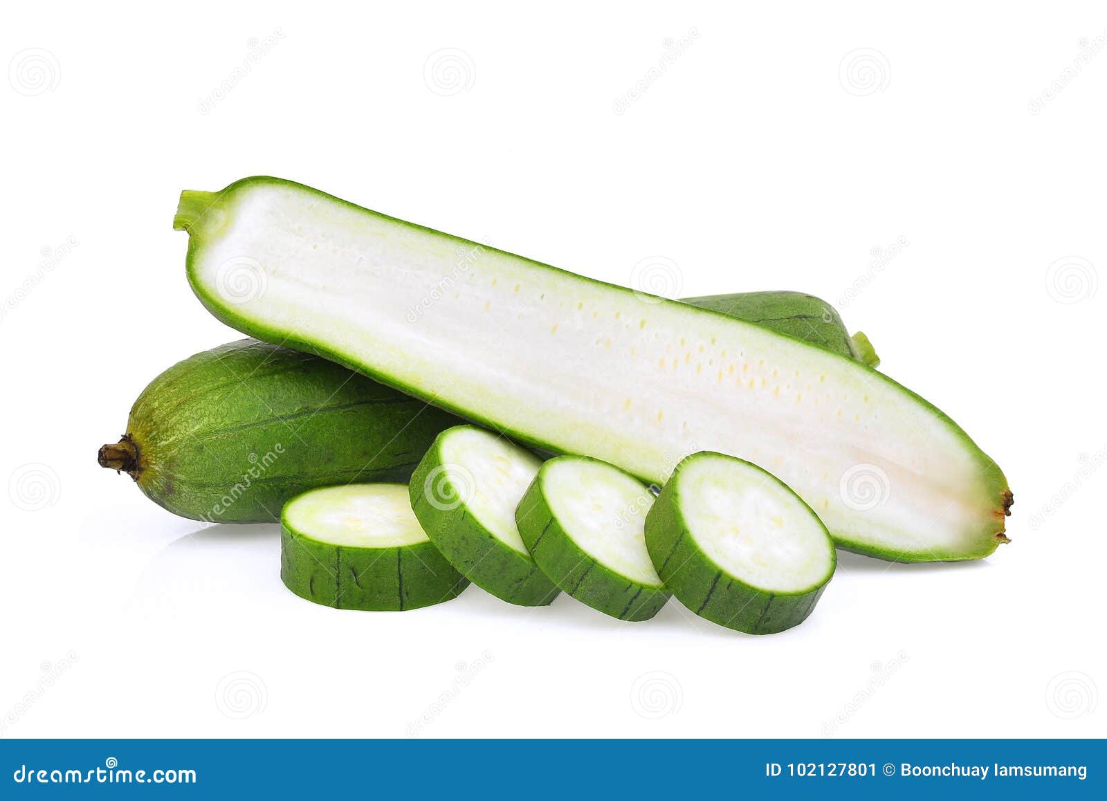 Fresh Green Sponge Gourd or Luffa with Half and Slice Stock Image