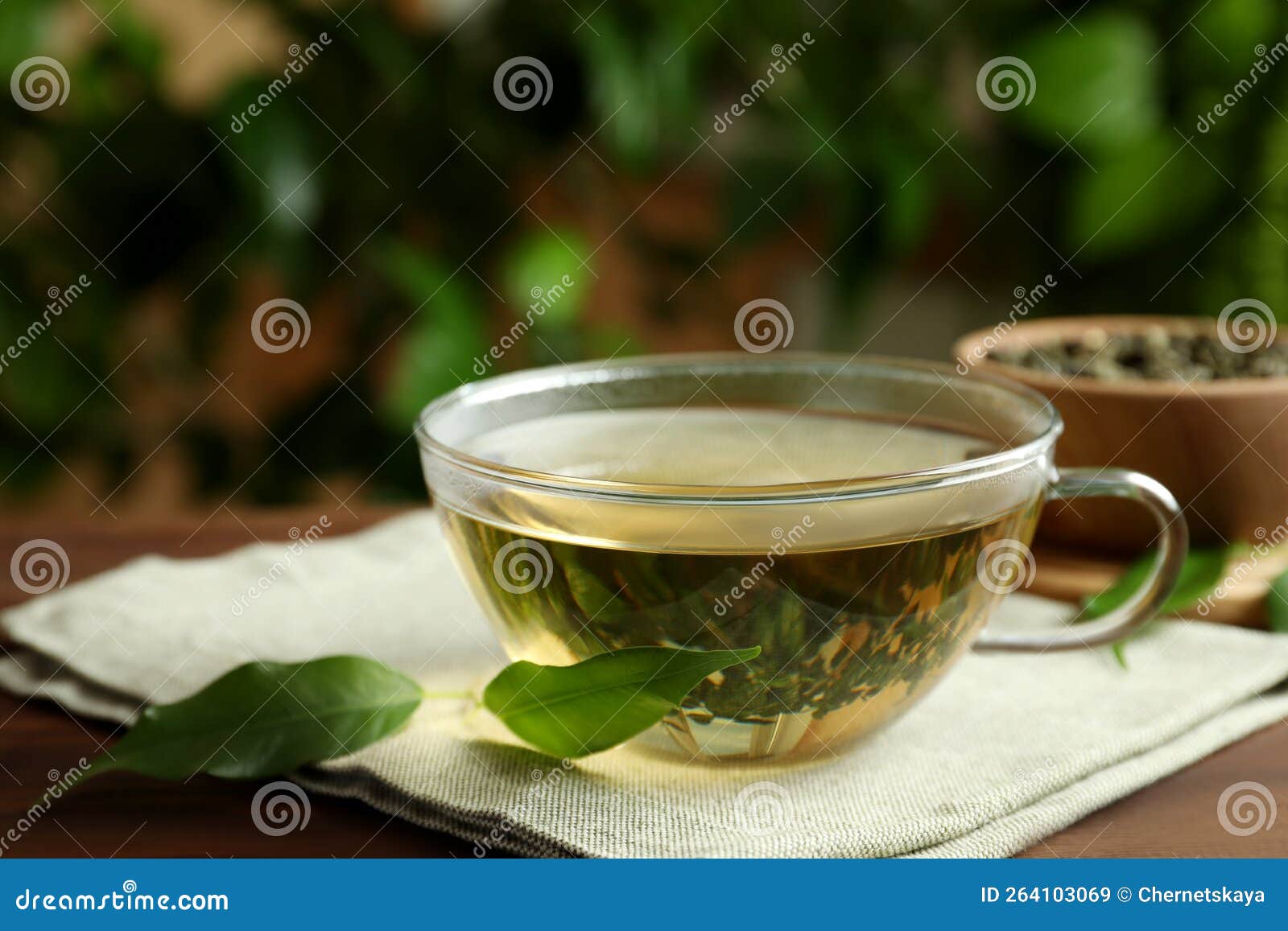 Fresh Green Tea in Glass Cup and Leaves on Table Stock Image Image of