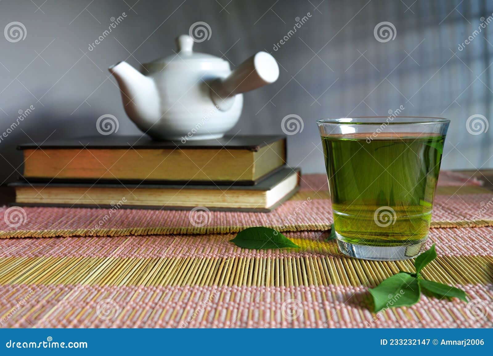Fresh Green Tea with Tea Leaves and Pot Stock Image Image of chinese
