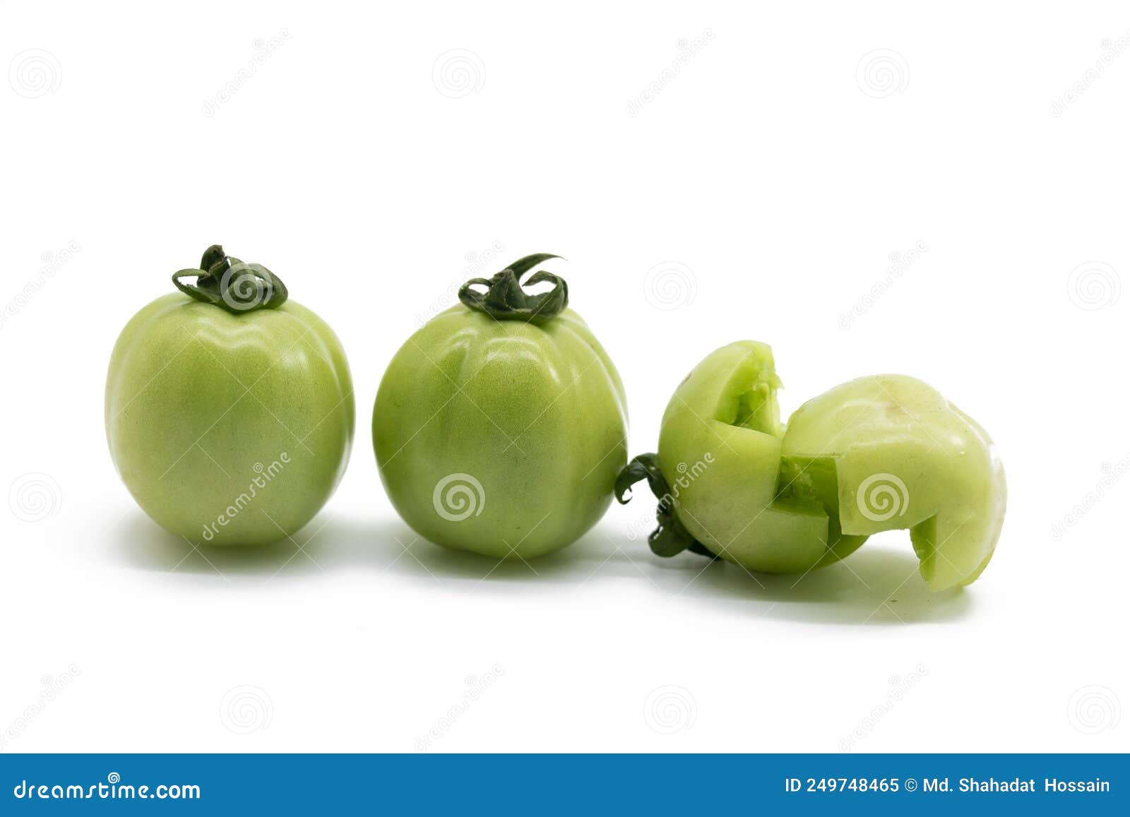 Fresh Green Tomatoes with Slices Isolated on White Background Stock