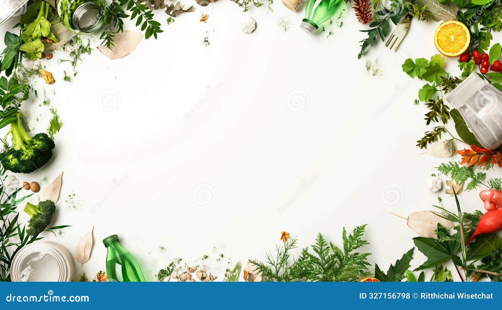 fresh greens, herbs, and citrus frame a white background, creating a natural culinary canvas