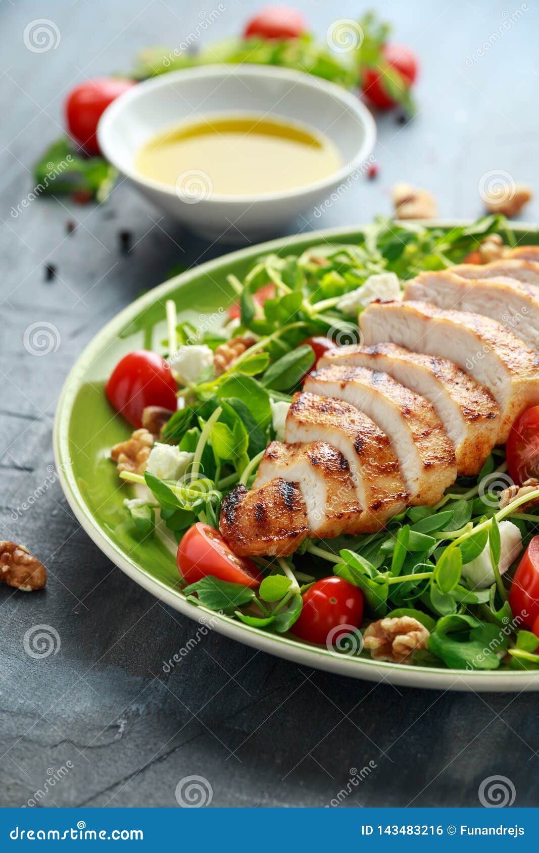 Fresh Grilled Chicken Salad with Tomatoes, Feta Cheese and Vegetables