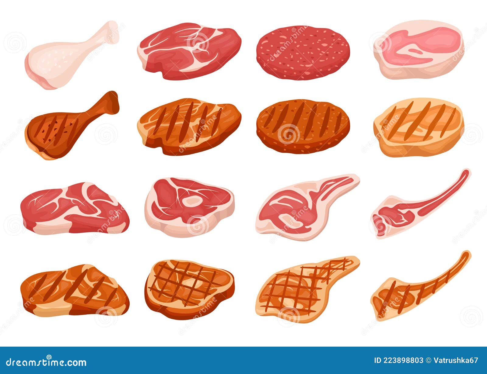 Fresh and Grilled Meat. Cartoon Fried Steak with Marks. Chicken, Pork, Beef, Burger Patty Vector Illustration of shop, cook: 223898803