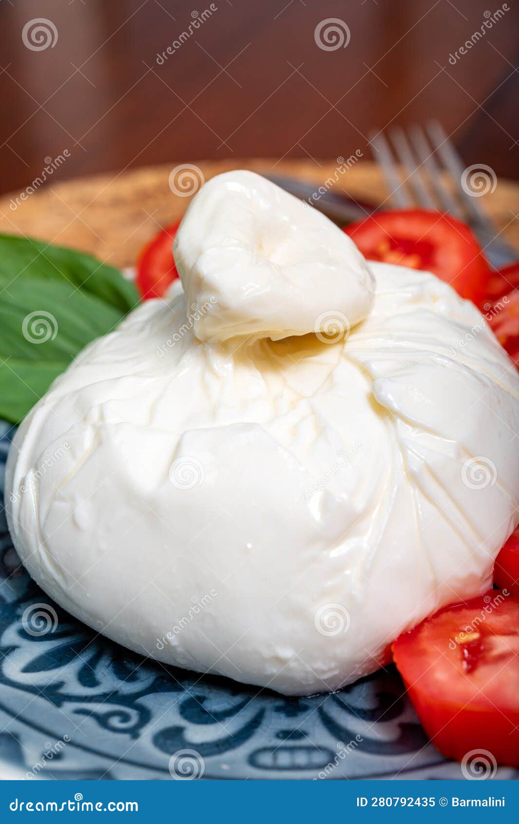 fresh handmade soft italian cheese from puglia, white ball of burrata foglia saporosa or burratina cheese made from mozzarella and