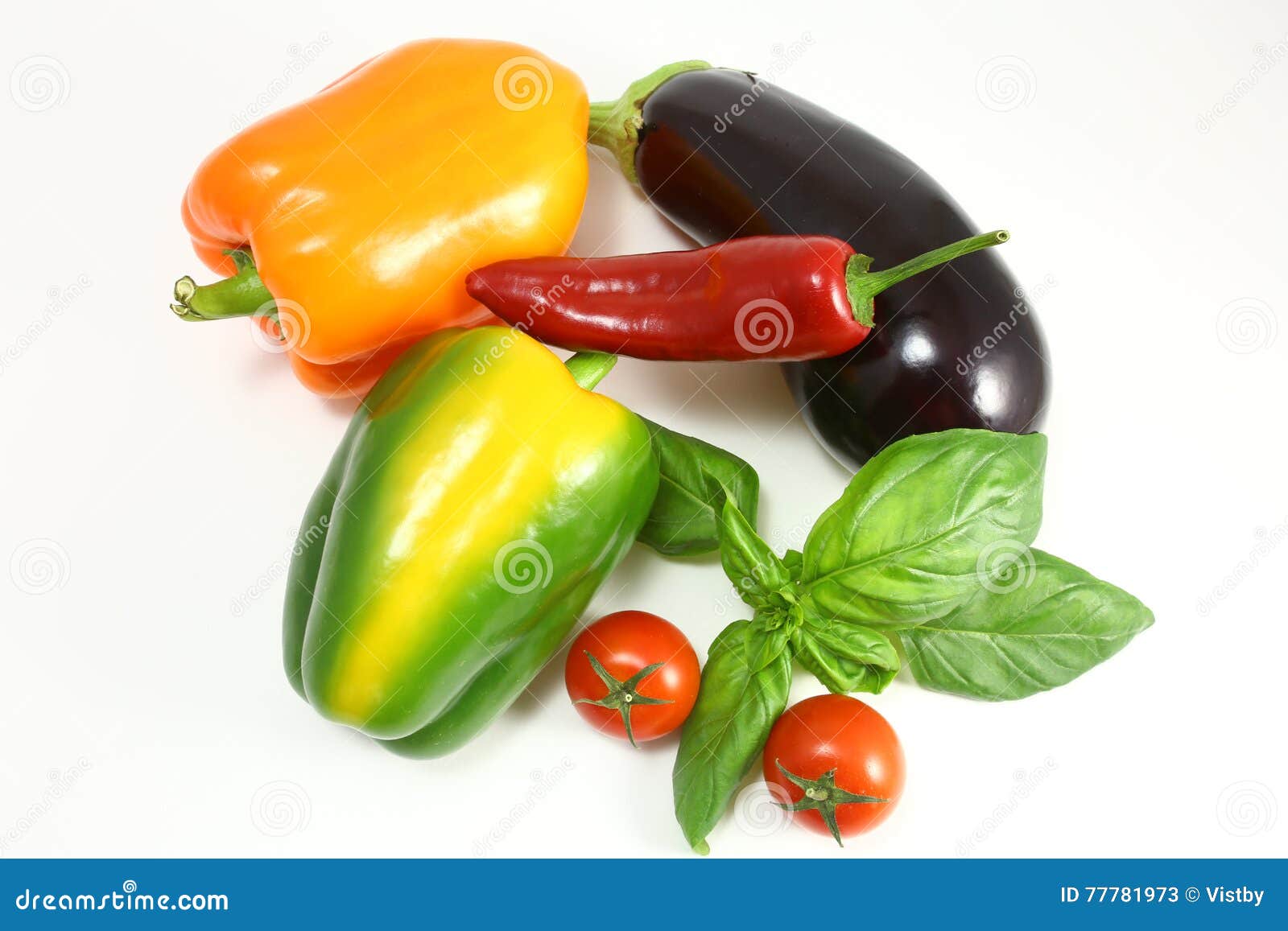 fresh healthy eggplants bell pepper on white background.