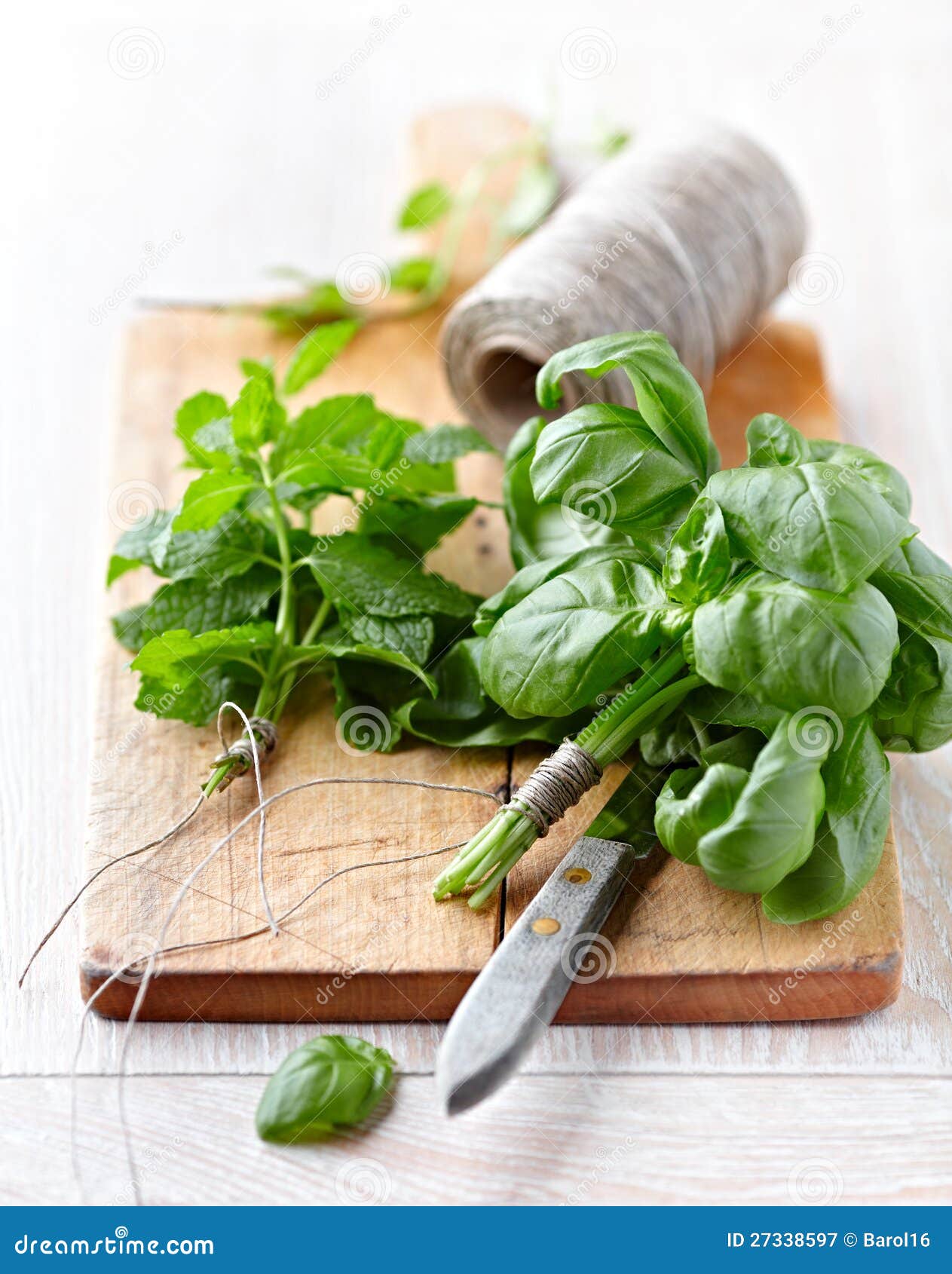 Fresh Herbs on Wooden Kitchen Board Stock Image Image of knife, twine 27338597