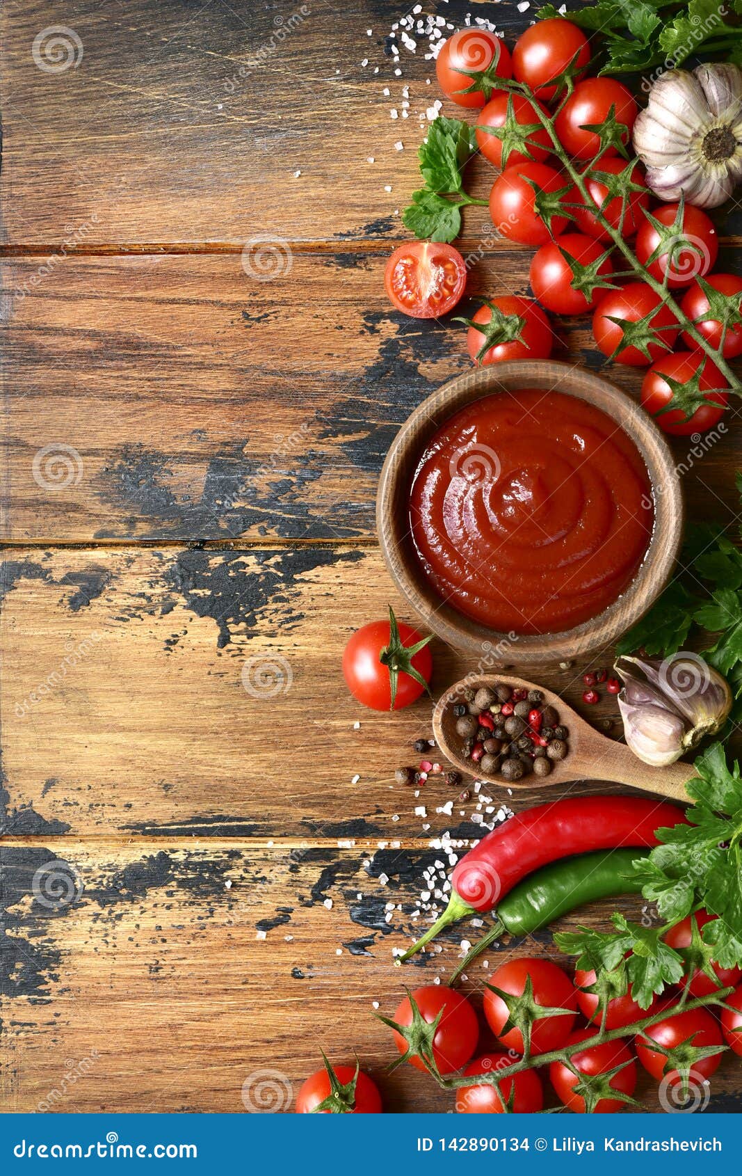 Fresh Homemade Ketchup With Ingredients For Making.Top View With Copy ...