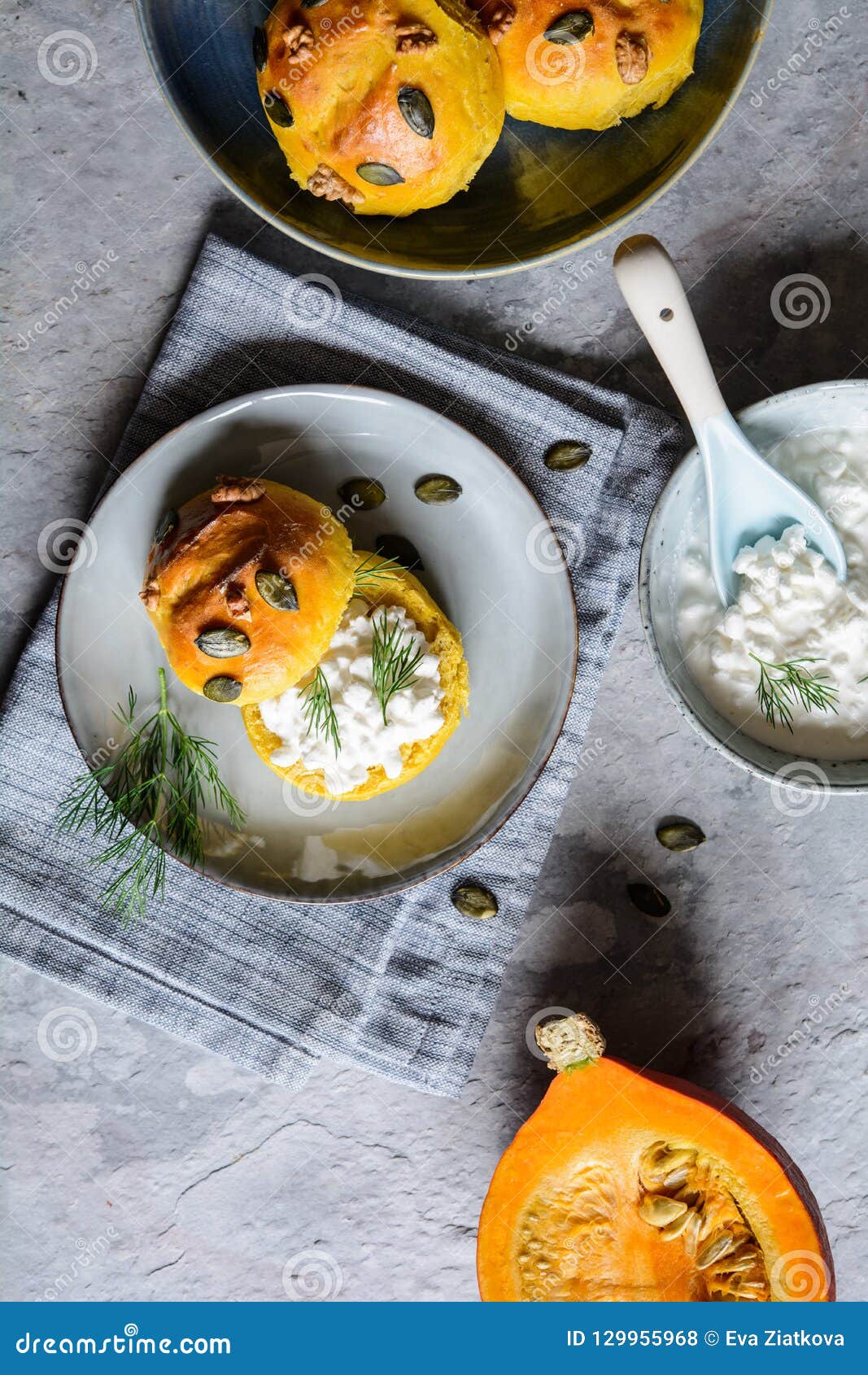 Homemade Pumpkin Bread Buns With Cottage Cheese And Dill Stock