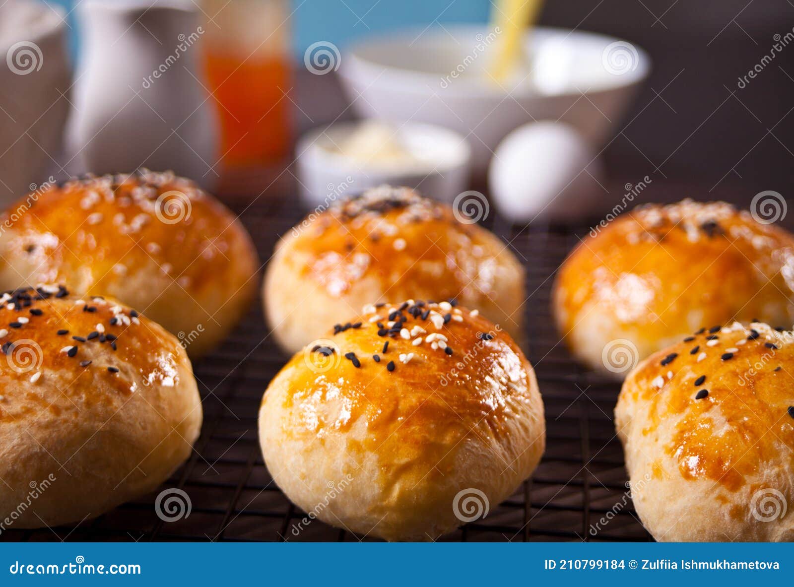 Fresh Homemade Whole Grain Burger Buns with Sesame Stock Photo Image
