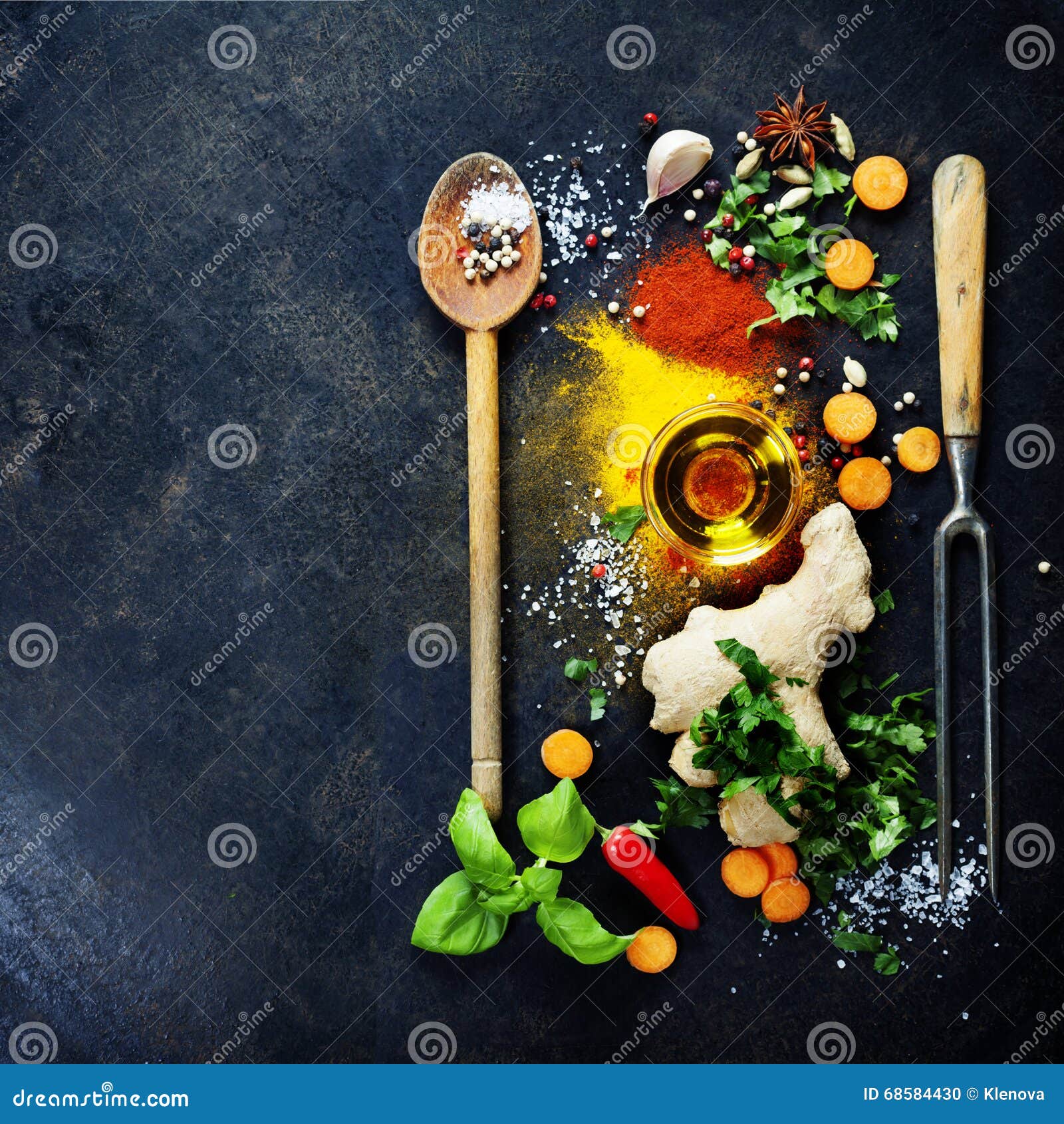 Fresh Ingredients on Dark Background Stock Photo - Image of kitchenware ...