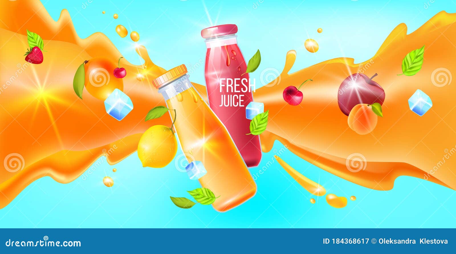Fresh Juice Background with Bottles, Splash, Exotic Fruit, Ice, Leaves.  Stock Vector - Illustration of design, leaves: 184368617