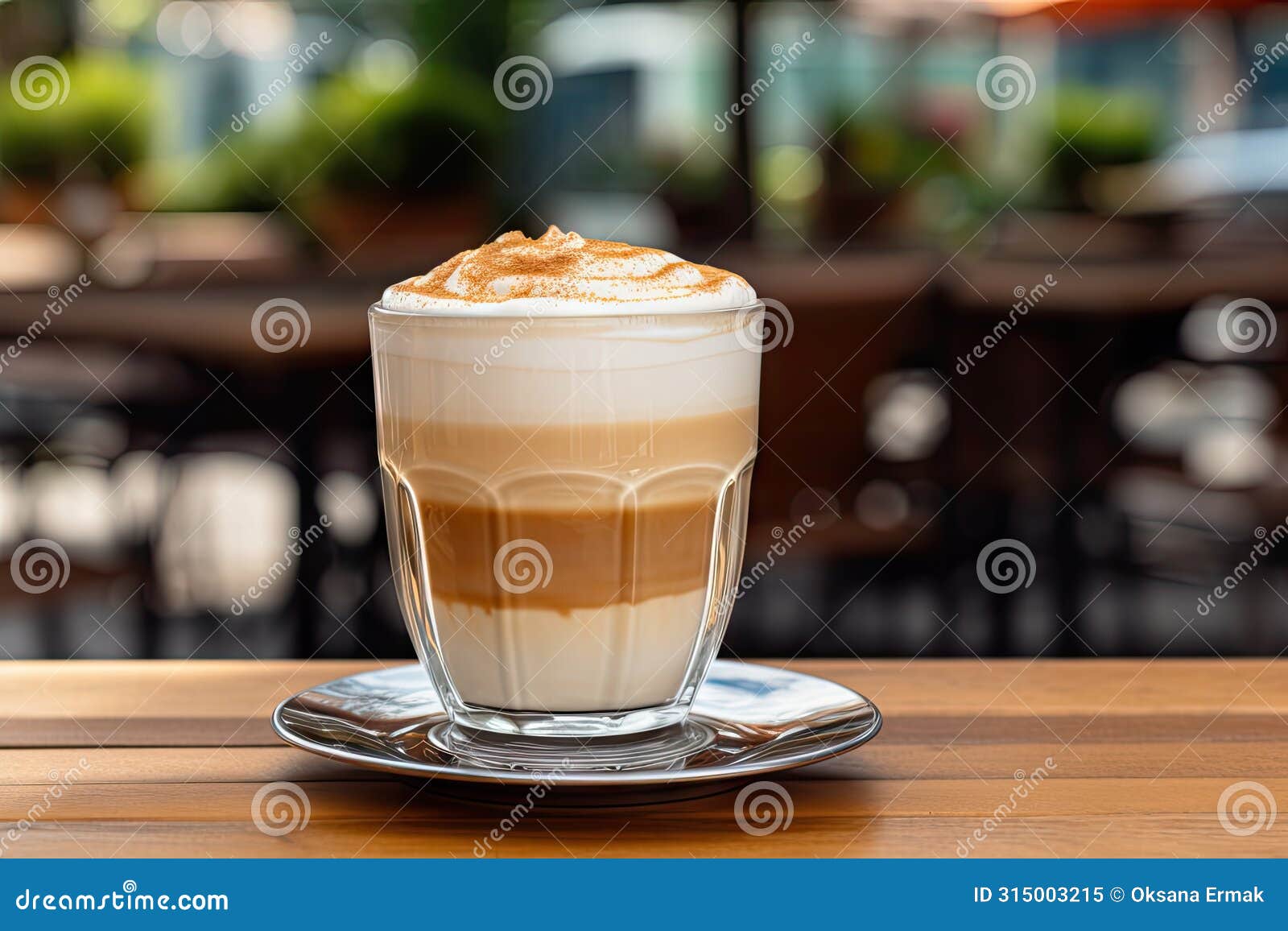 fresh latte espuma in outdoor cafe, cappuccino in coffeeshop city street view, milk coffee